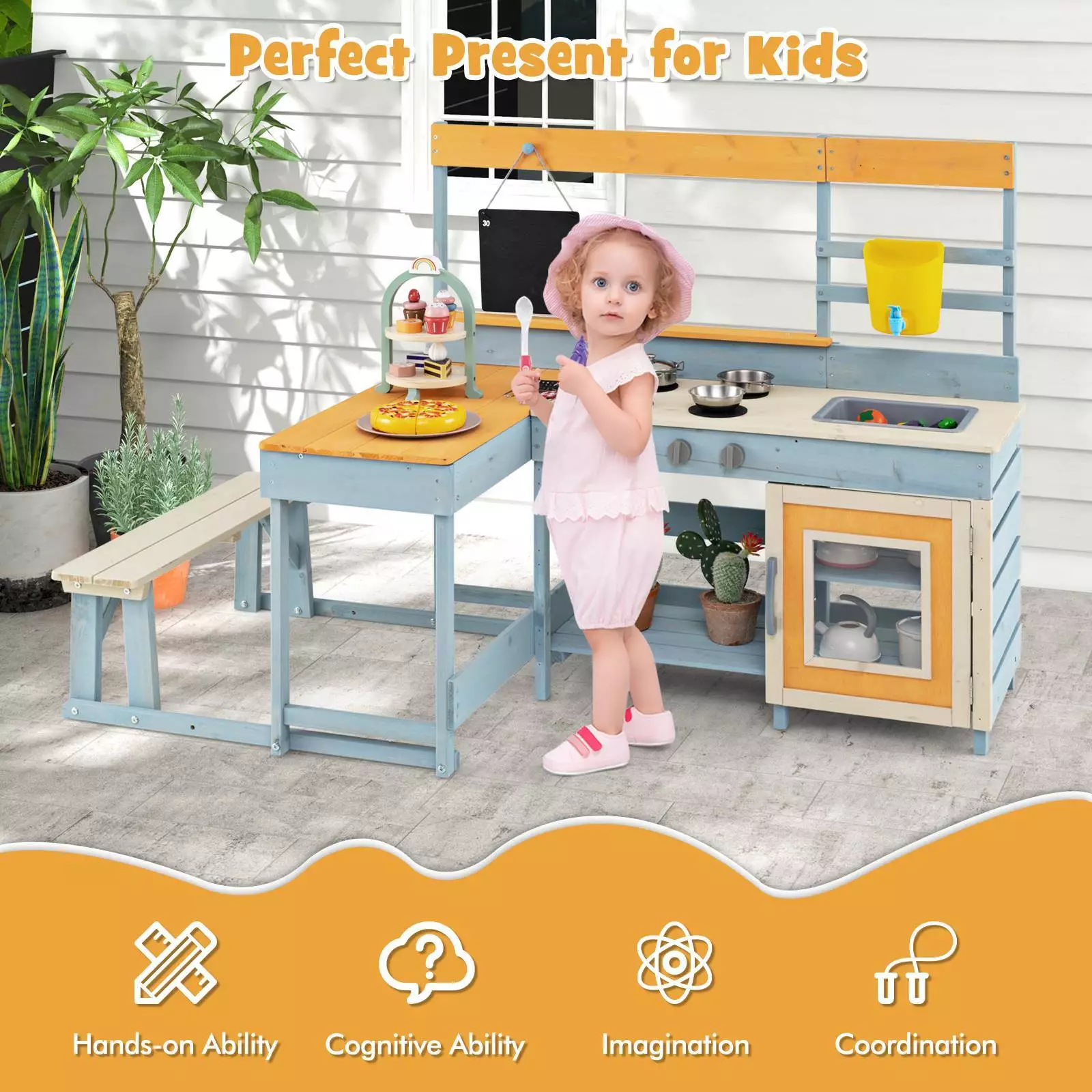 Kids Mud Kitchen 2-in-1 Outdoor Toy Kitchen Dining Area w Bench & Blackboard - Image 4