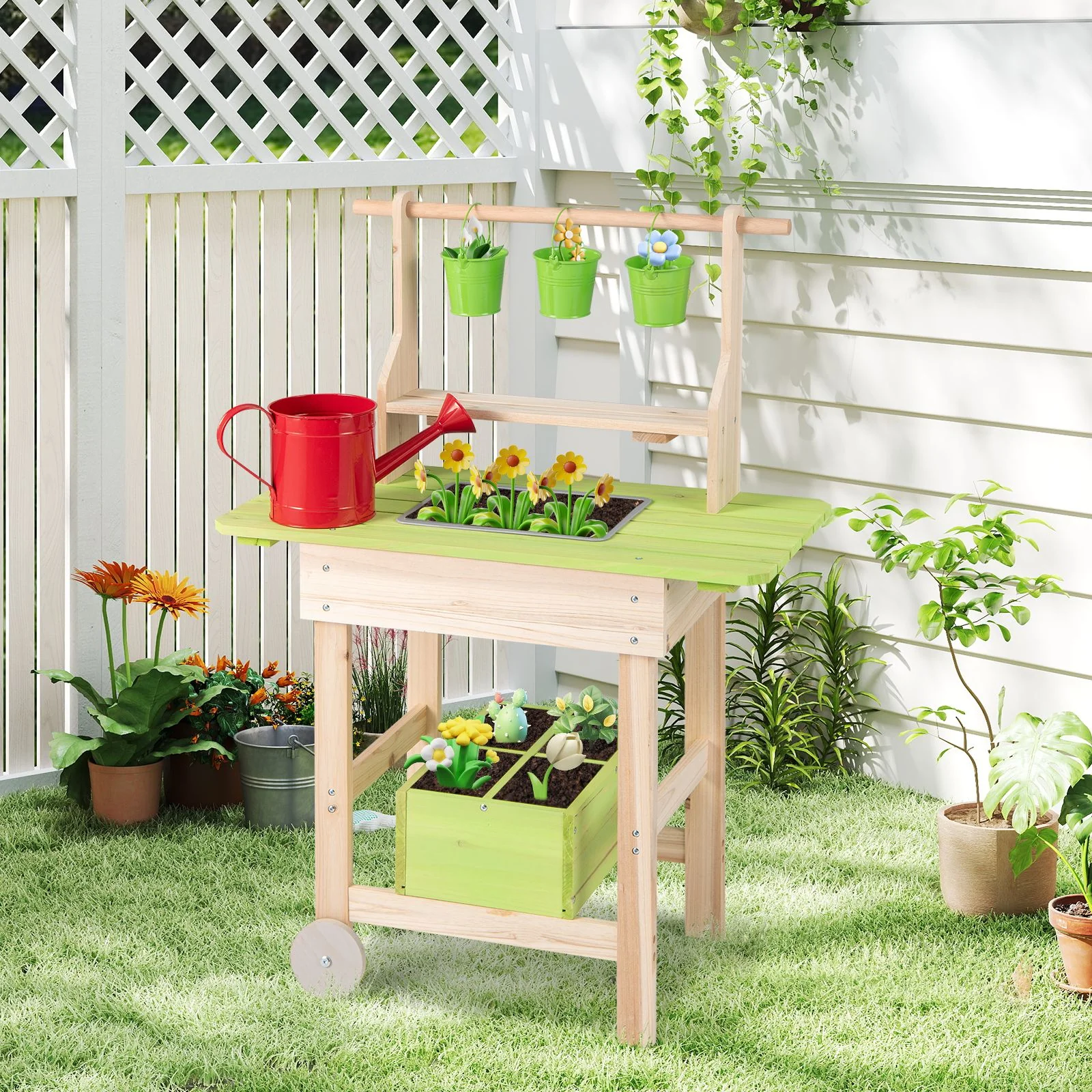 Kids Mud Kitchen Outdoor Play Pretend Kitchen with Removable Pots Watering Can - Image 3
