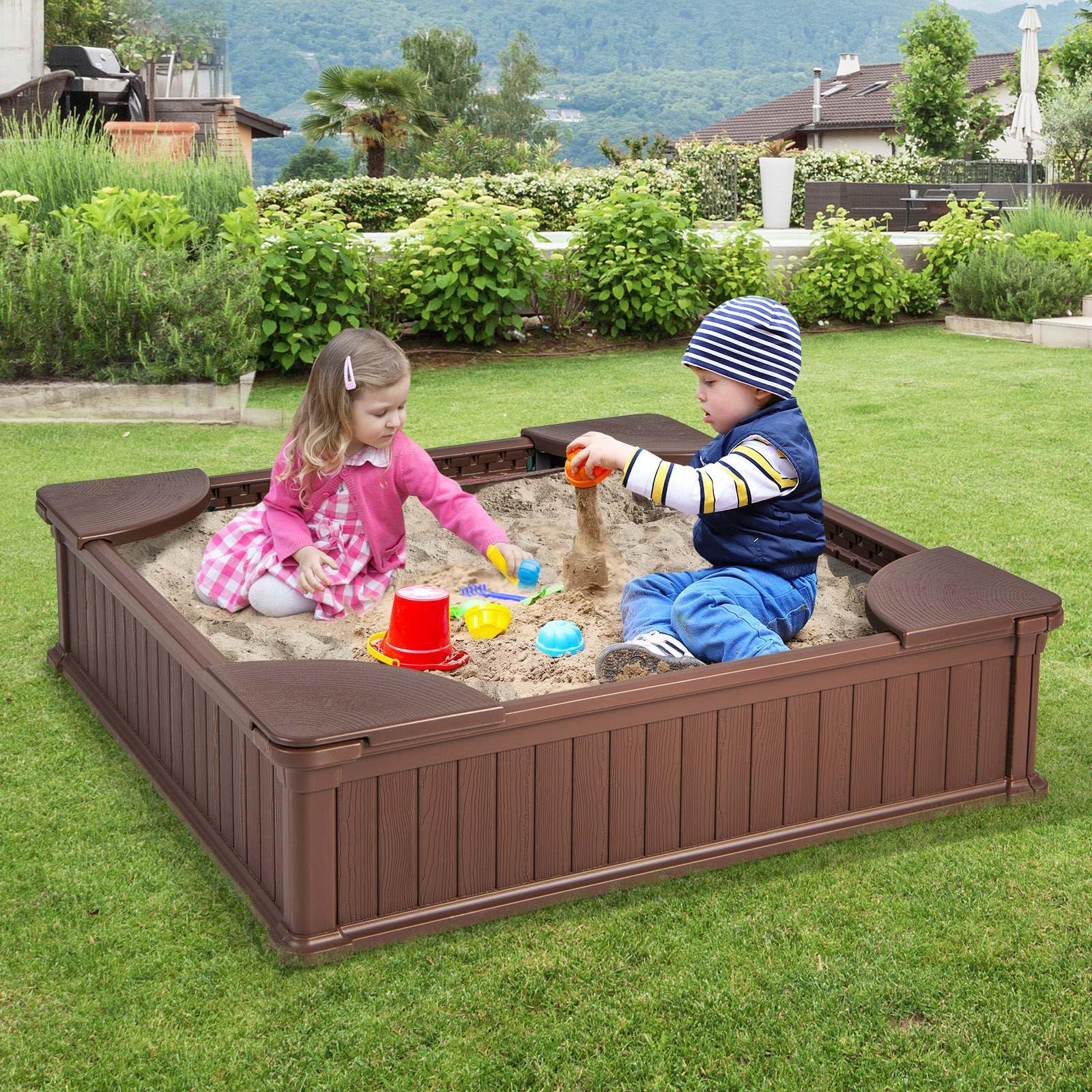 Kids Outdoor Sandbox Large HDPE Sandpit Play Toy Gift w/Cover & 4 Corner Seats - Image 2