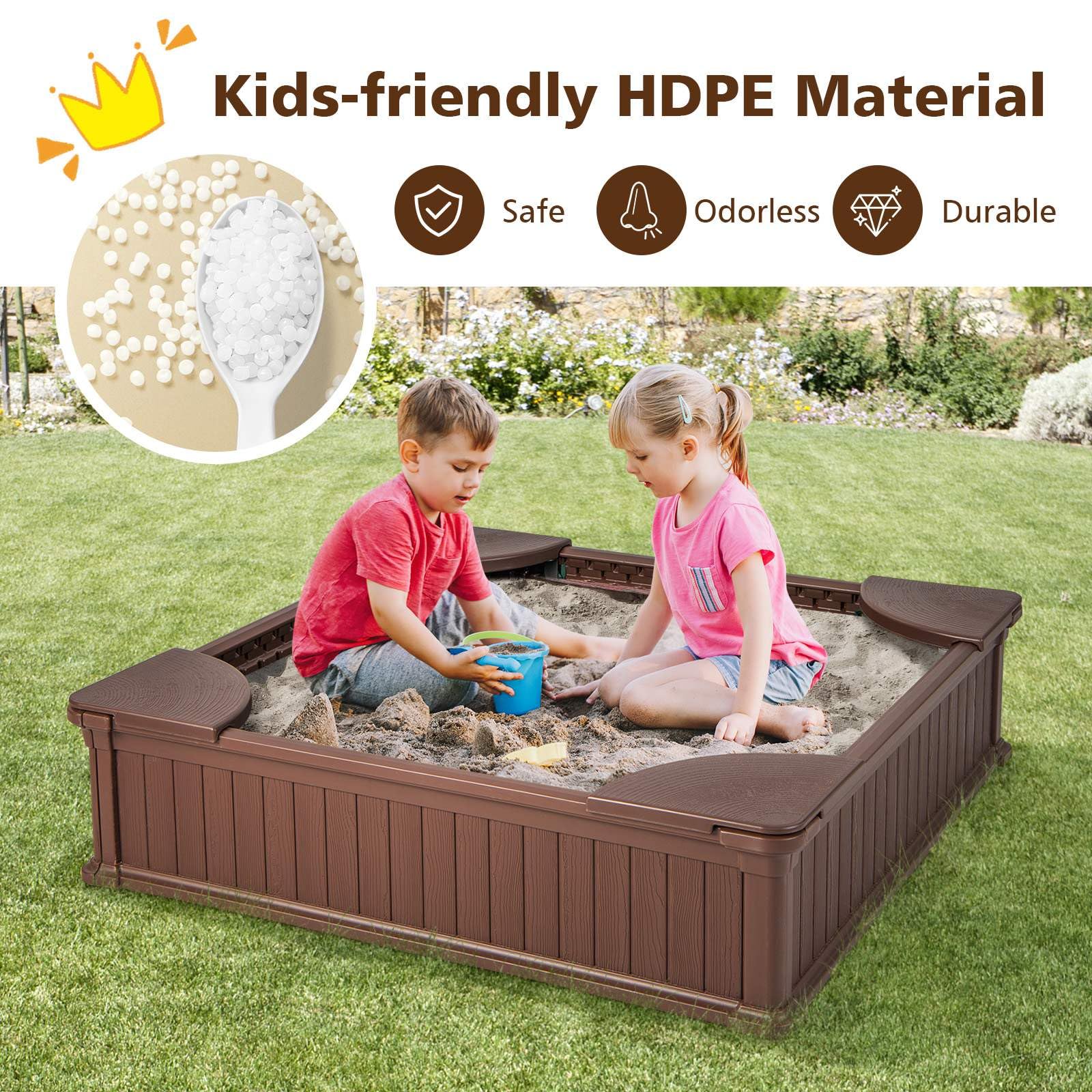 Kids Outdoor Sandbox Large HDPE Sandpit Play Toy Gift w/Cover & 4 Corner Seats - Image 3