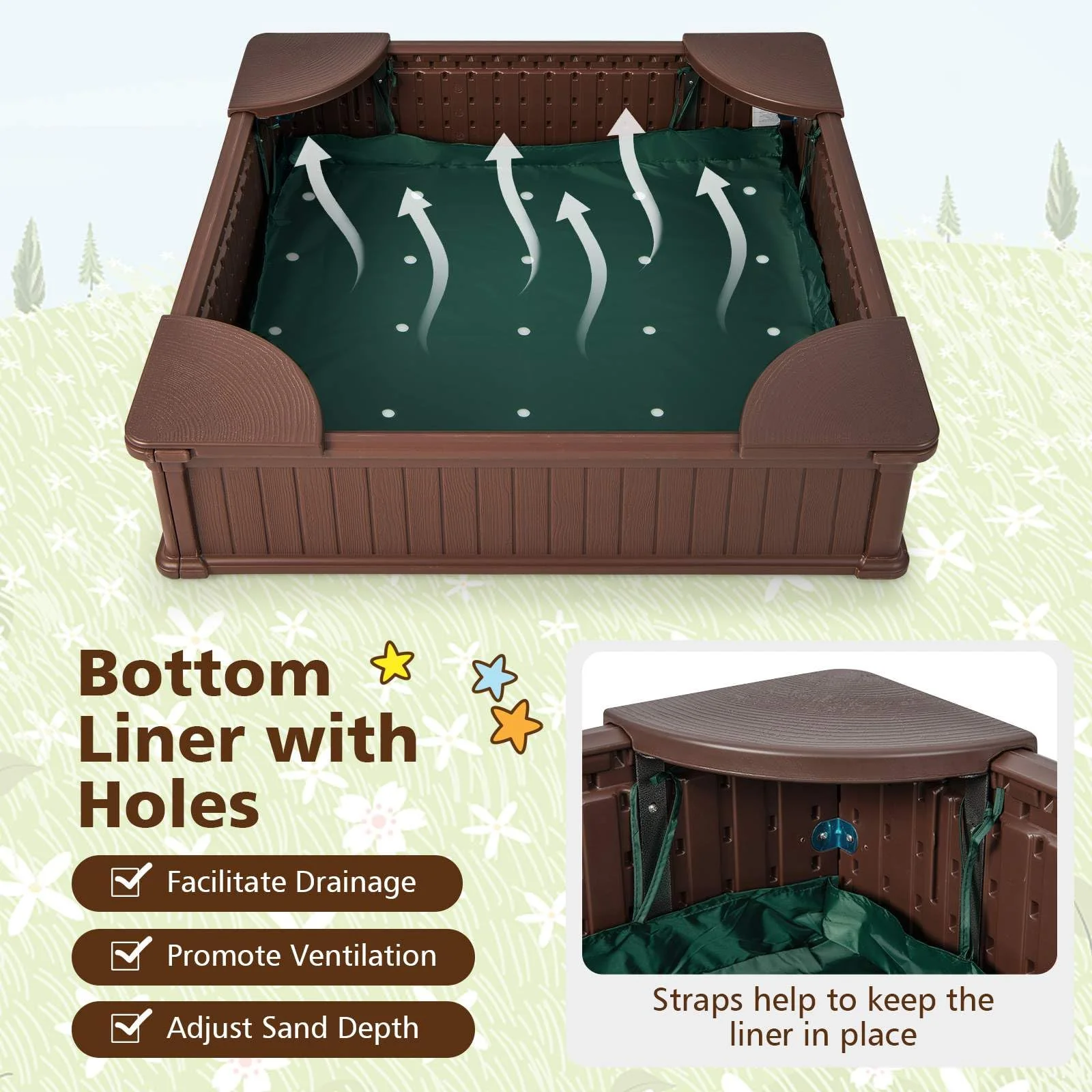 Kids Outdoor Sandbox Large HDPE Sandpit Play Toy Gift w/Cover & 4 Corner Seats - Image 4