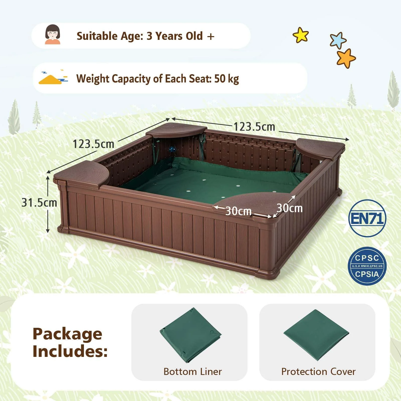 Kids Outdoor Sandbox Large HDPE Sandpit Play Toy Gift w/Cover & 4 Corner Seats - Image 6
