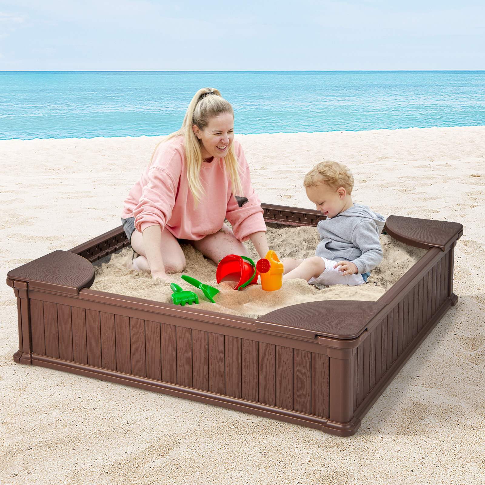 Kids Outdoor Sandbox Large HDPE Sandpit Play Toy Gift w/Cover & 4 Corner Seats - Image 7