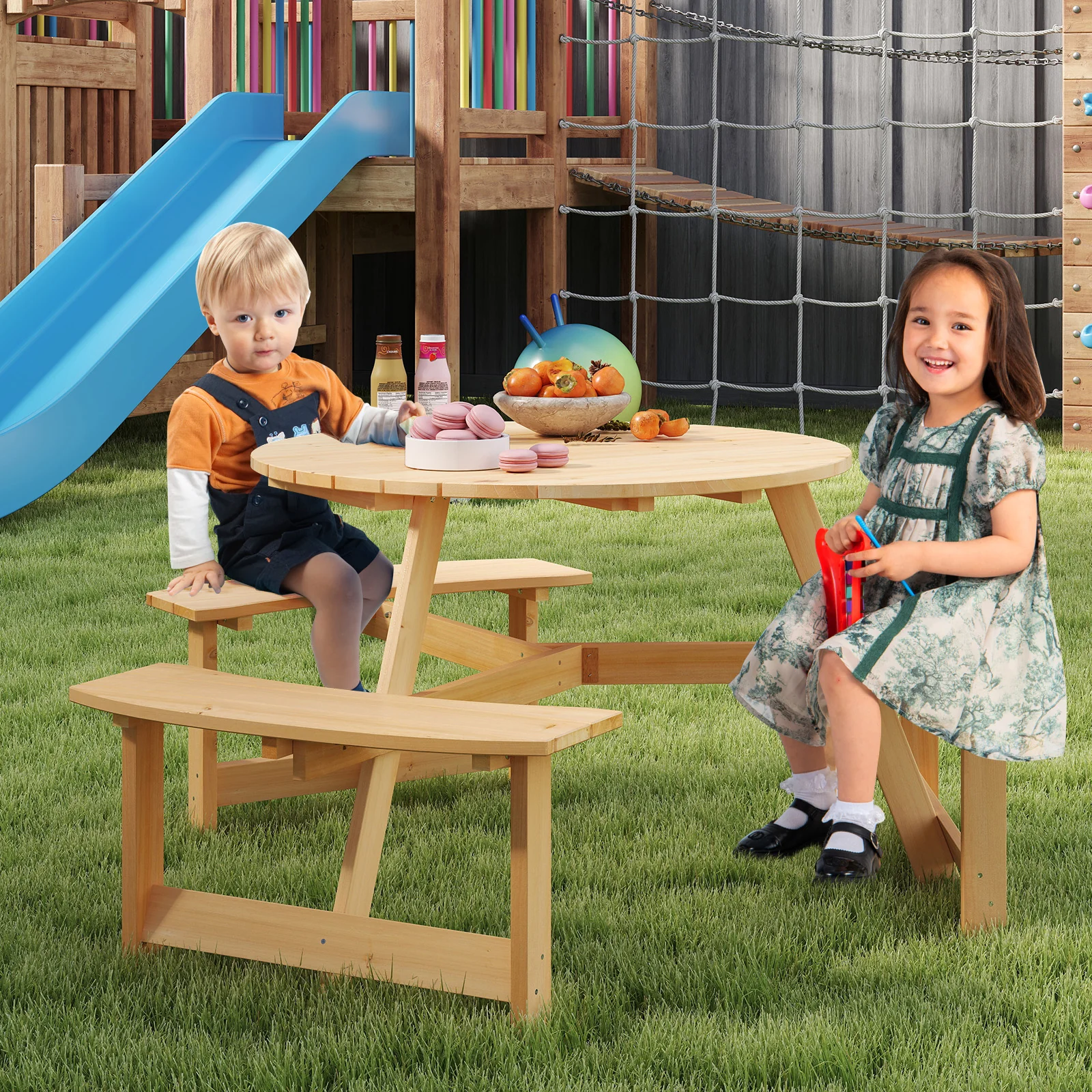 Kids Outdoor Wooden Picnic Table and Bench Set w/ Umbrella Hole, 6 Person Activity Dining Table - Image 2