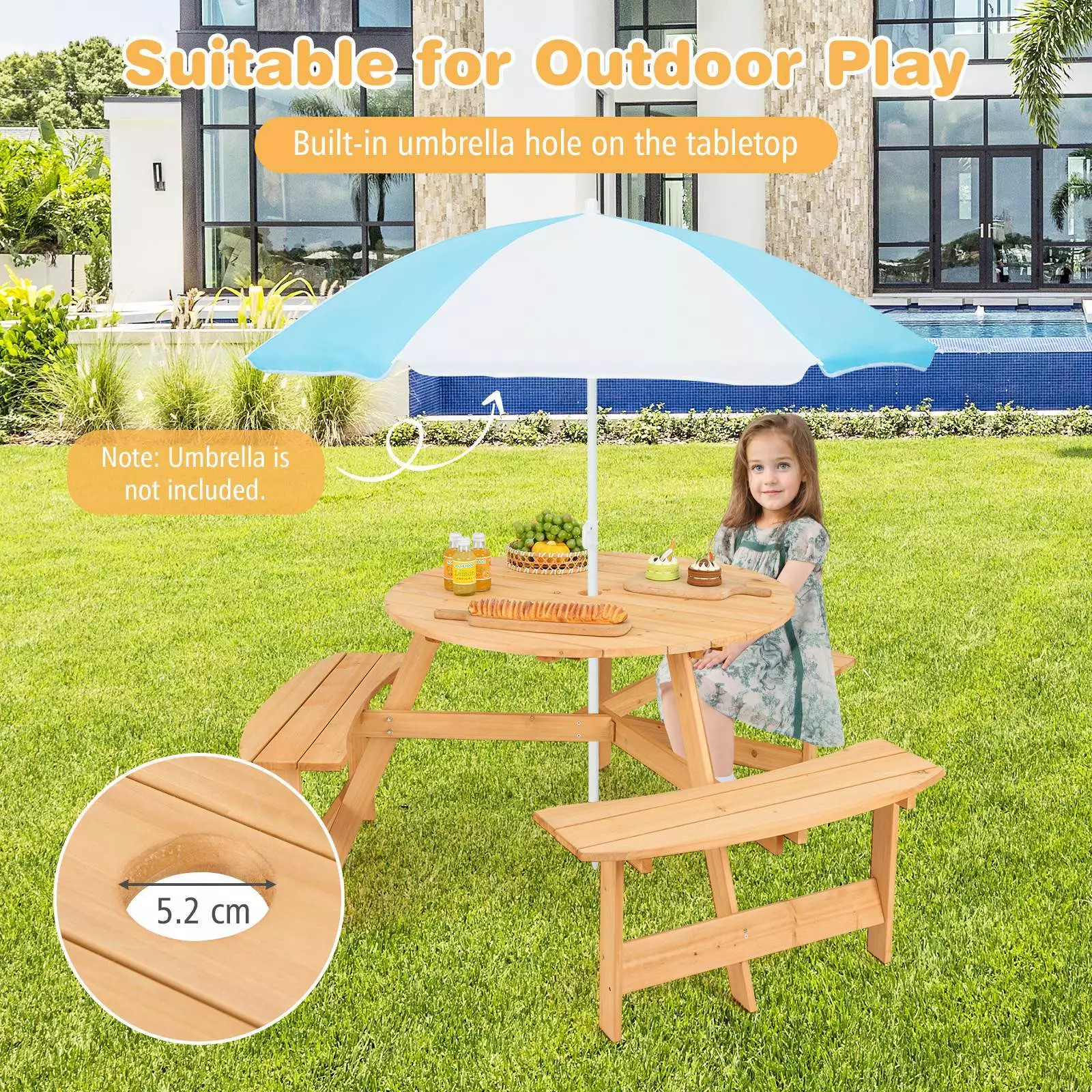 Kids Outdoor Wooden Picnic Table and Bench Set w/ Umbrella Hole, 6 Person Activity Dining Table - Image 3