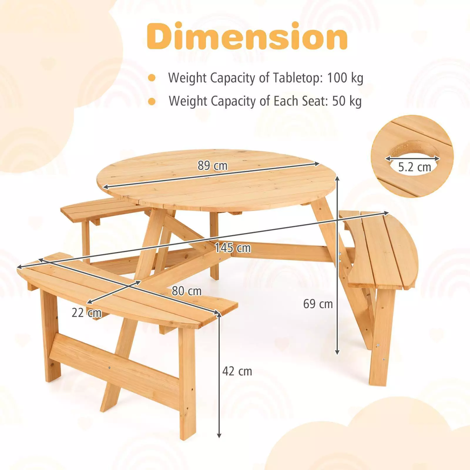 Kids Outdoor Wooden Picnic Table and Bench Set w/ Umbrella Hole, 6 Person Activity Dining Table - Image 4