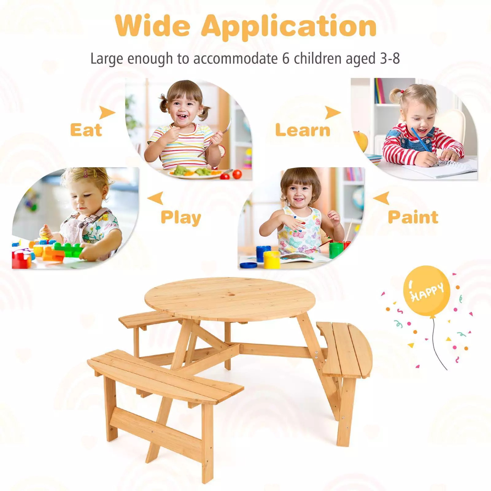 Kids Outdoor Wooden Picnic Table and Bench Set w/ Umbrella Hole, 6 Person Activity Dining Table - Image 5