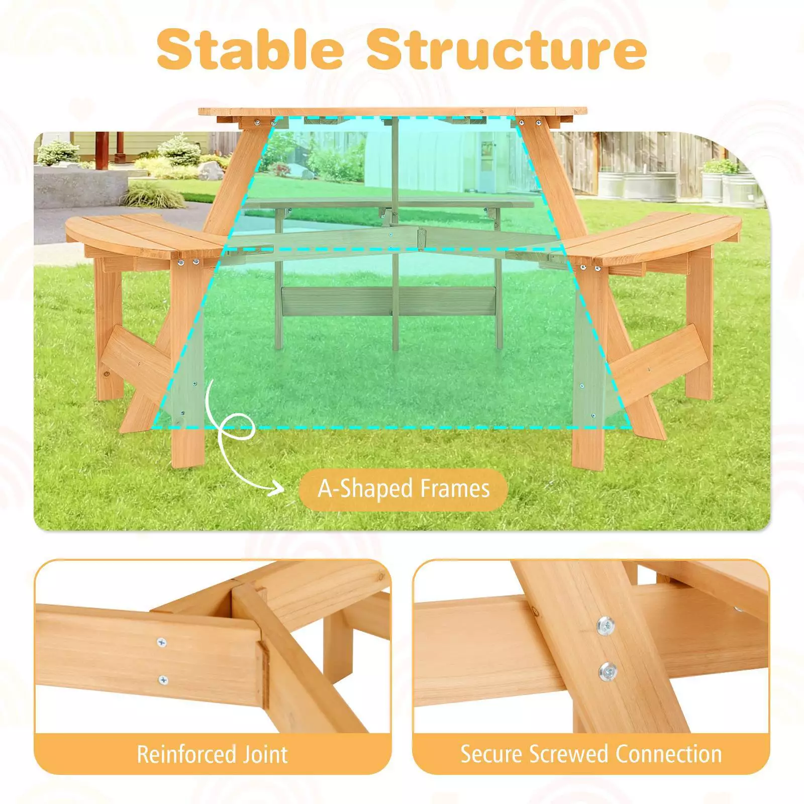 Kids Outdoor Wooden Picnic Table and Bench Set w/ Umbrella Hole, 6 Person Activity Dining Table - Image 6