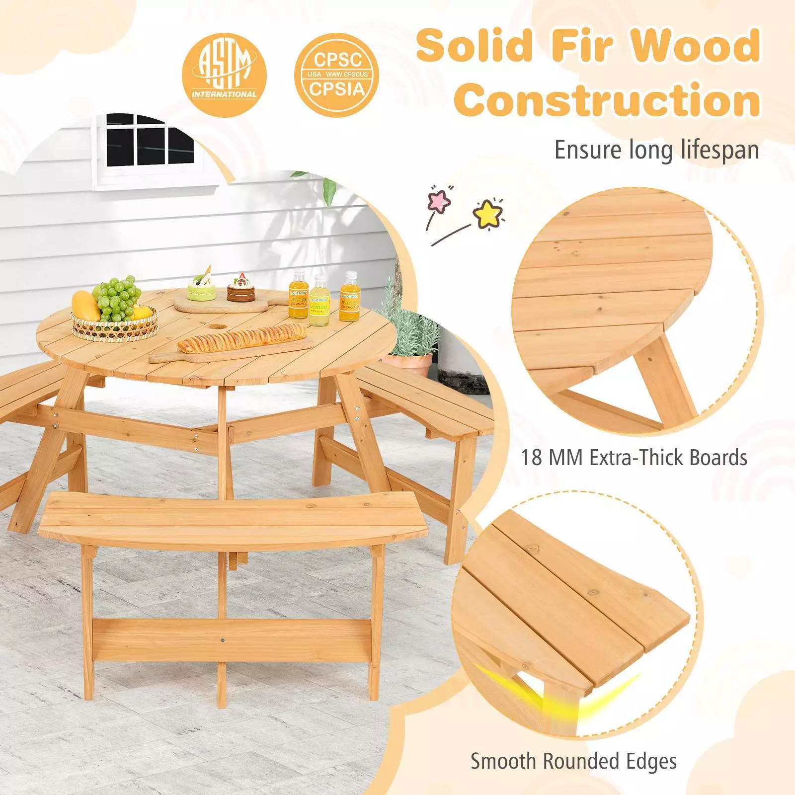 Kids Outdoor Wooden Picnic Table and Bench Set w/ Umbrella Hole, 6 Person Activity Dining Table - Image 7