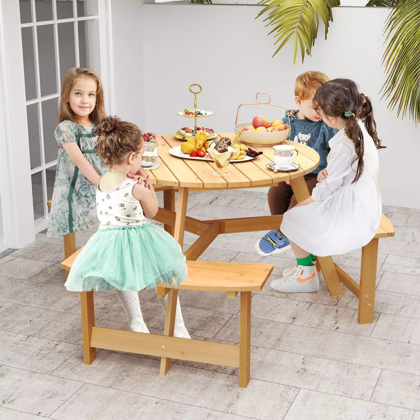 Kids Outdoor Wooden Picnic Table and Bench Set w/ Umbrella Hole, 6 Person Activity Dining Table - Image 9