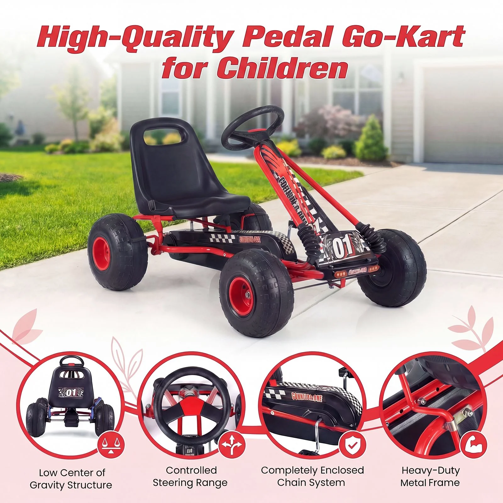 Kids Pedal Go Kart with Steering Wheel and Wear-Resistant Wheels for Boys and Girls - Image 7