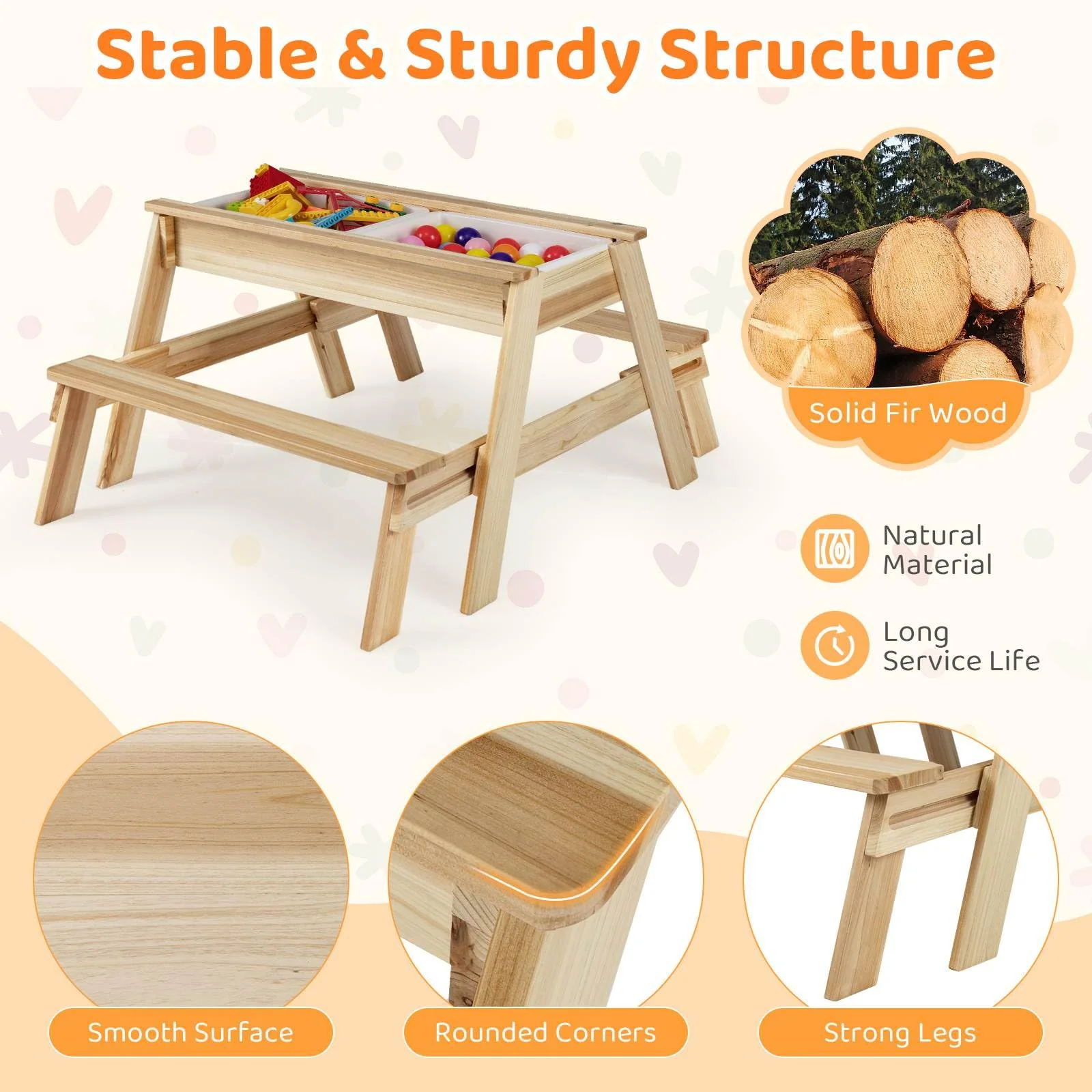 Kids Picnic Table, 4 in 1 Wooden Table & Bench Set with Removable Top & 2 Storage Boxes - Image 3