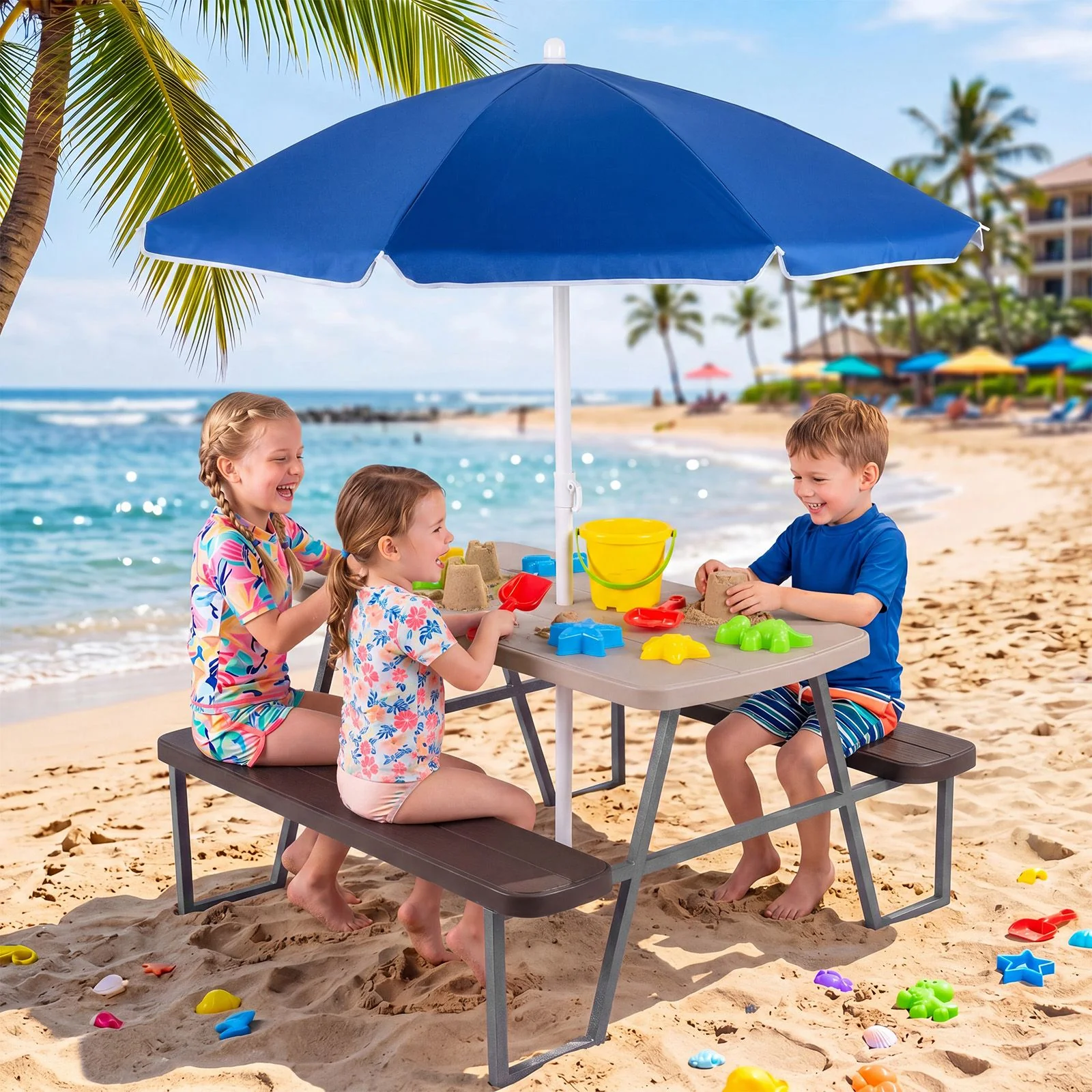 Kids Picnic Table with Benches and Umbrella Seats 4 for Lawn Garden Patio - Image 3