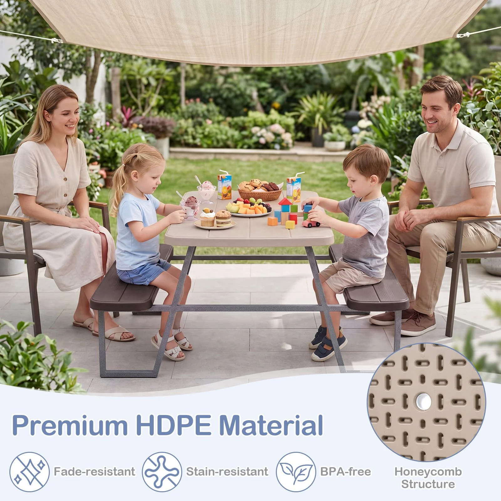 Kids Picnic Table with Benches and Umbrella Seats 4 for Lawn Garden Patio - Image 5