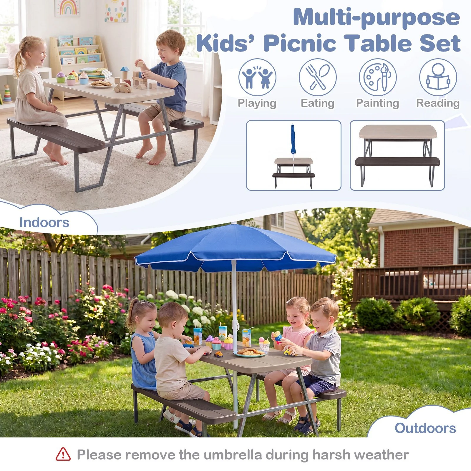 Kids Picnic Table with Benches and Umbrella Seats 4 for Lawn Garden Patio - Image 6