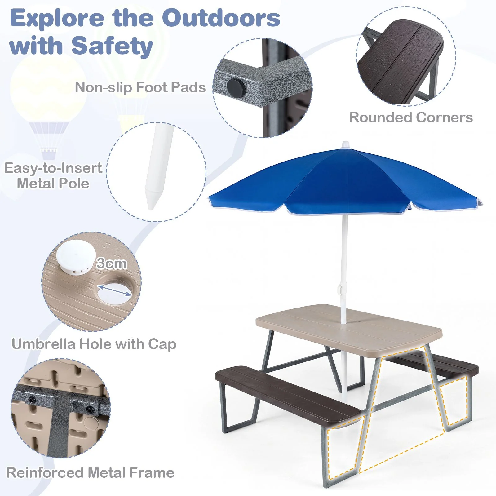 Kids Picnic Table with Benches and Umbrella Seats 4 for Lawn Garden Patio - Image 7