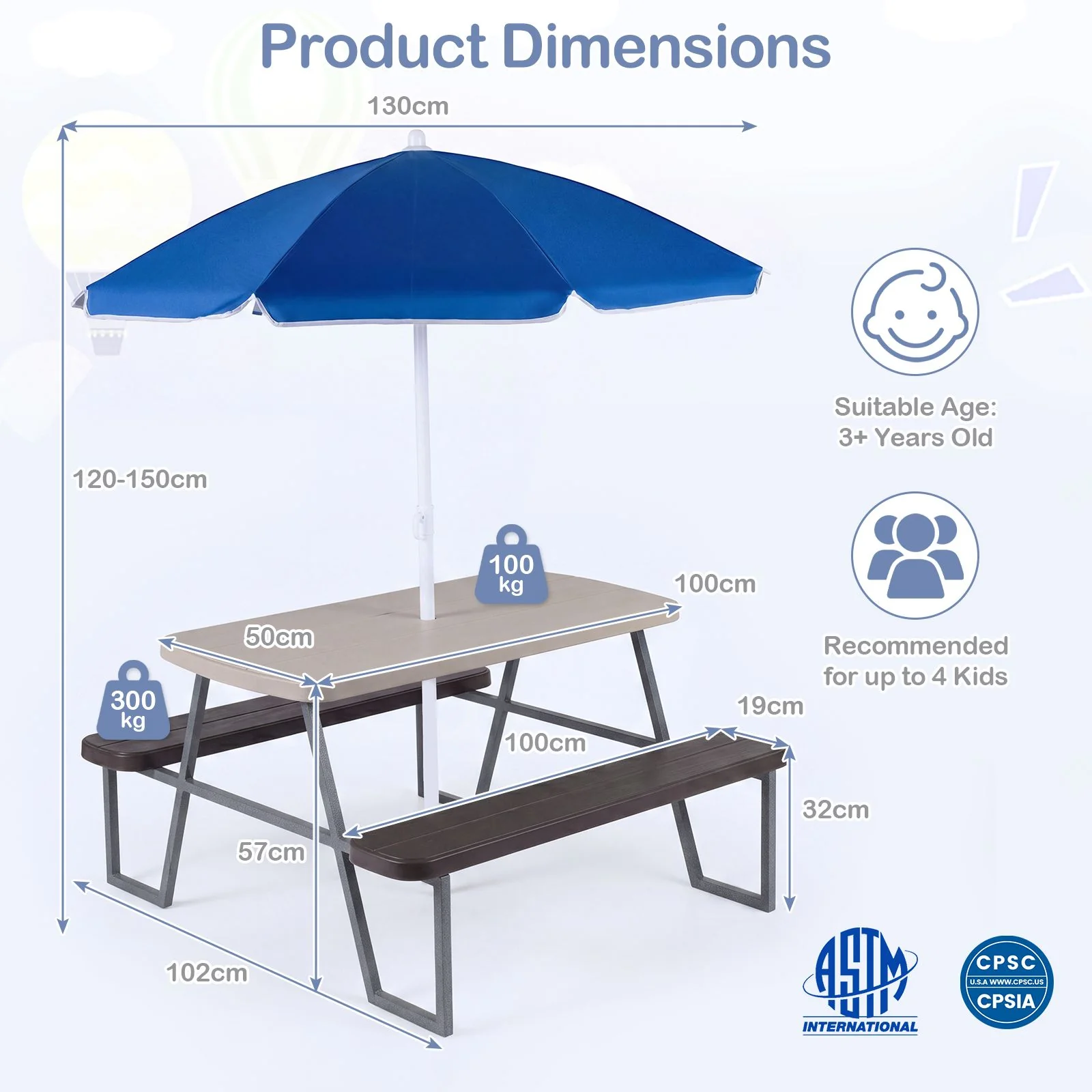Kids Picnic Table with Benches and Umbrella Seats 4 for Lawn Garden Patio - Image 9