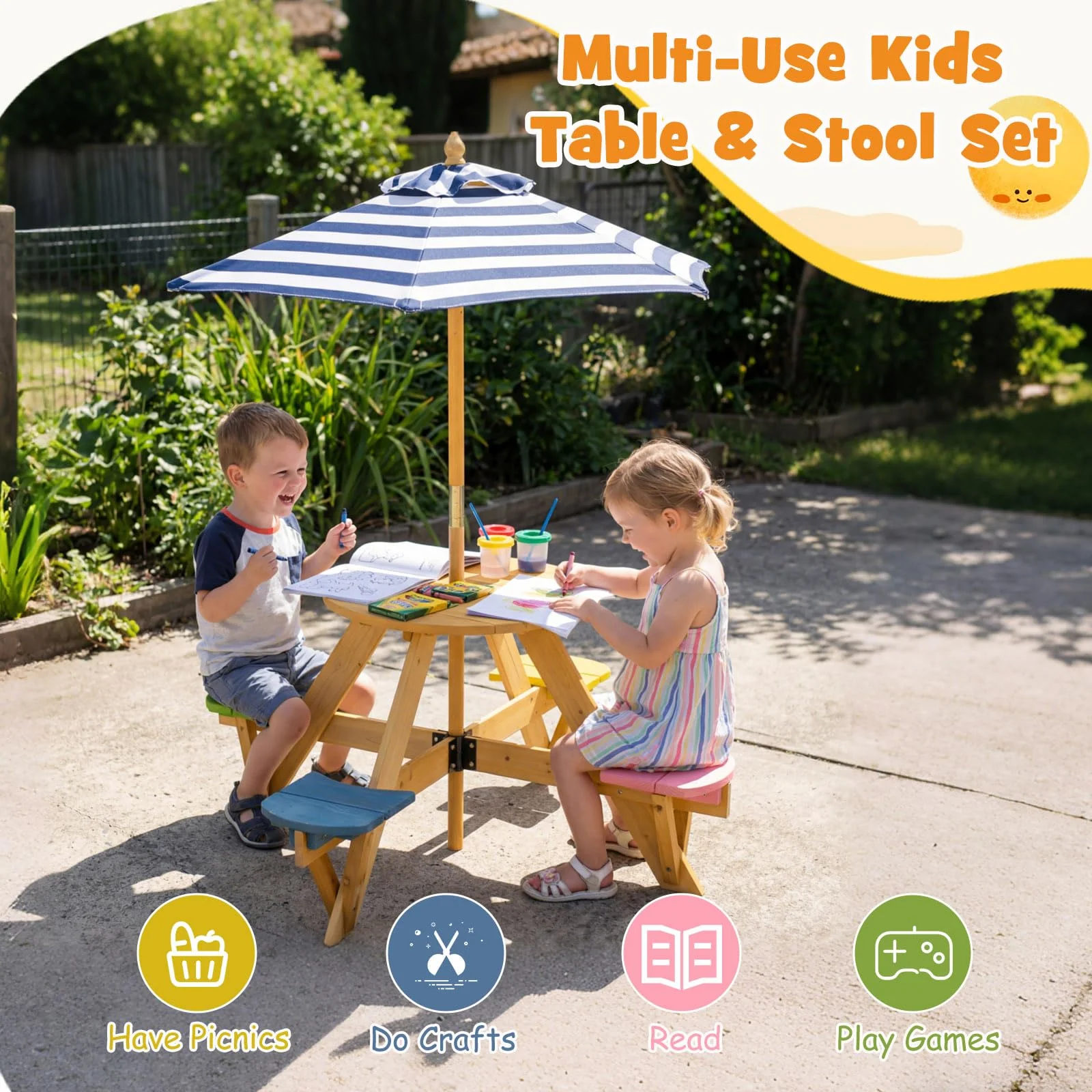 Kids Picnic Table with Stools and Foldable Adjustable Umbrella for Backyard and Patio - Image 10
