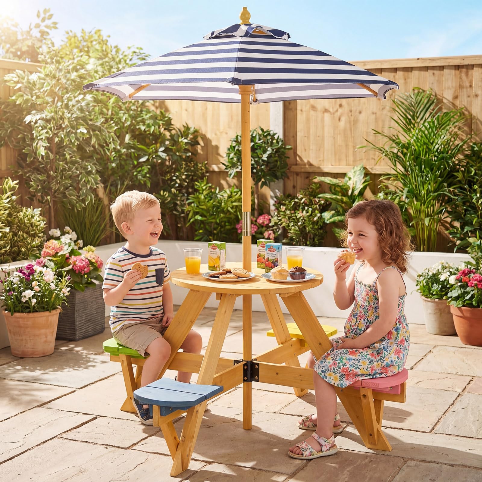 Kids Picnic Table with Stools and Foldable Adjustable Umbrella for Backyard and Patio - Image 2