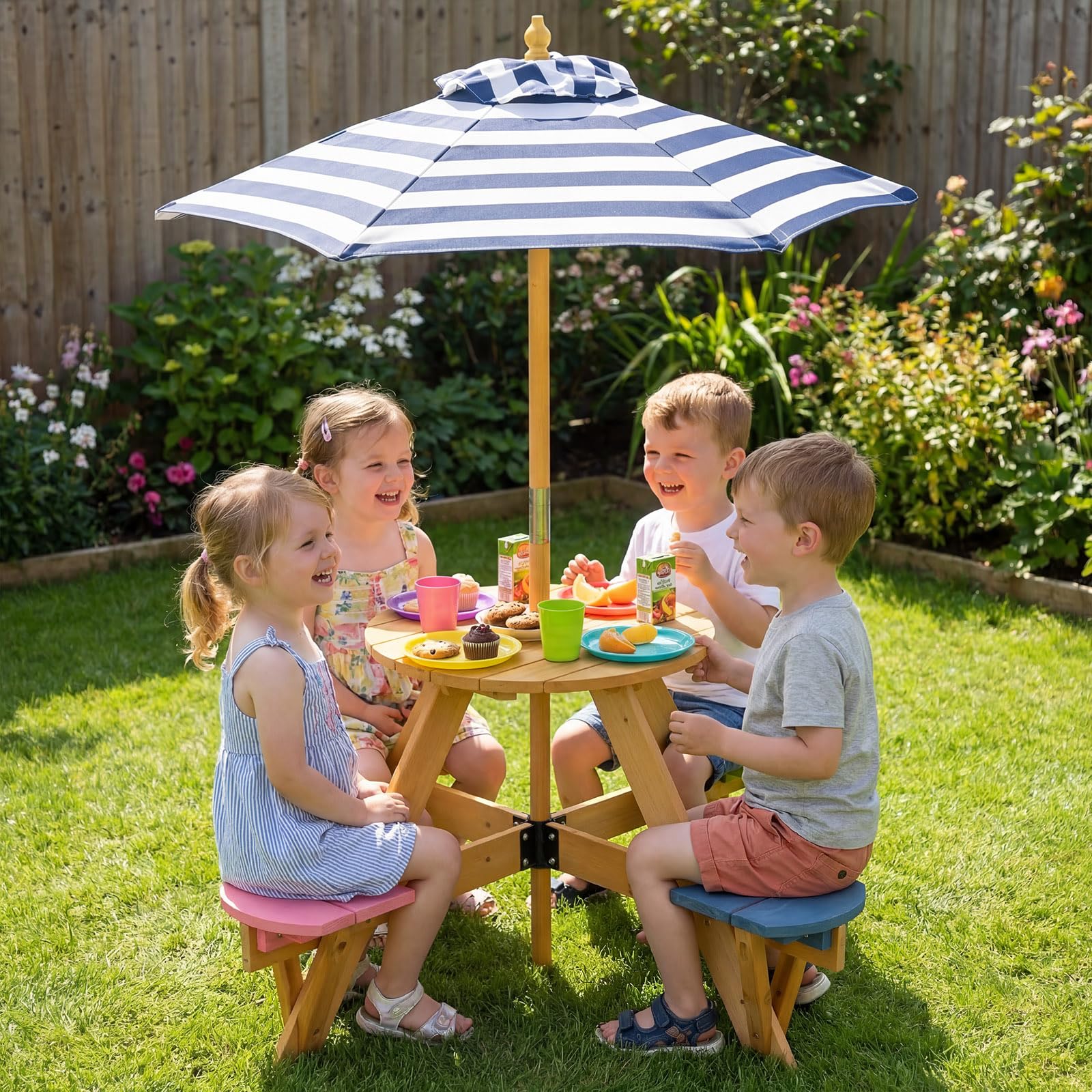Kids Picnic Table with Stools and Foldable Adjustable Umbrella for Backyard and Patio - Image 3