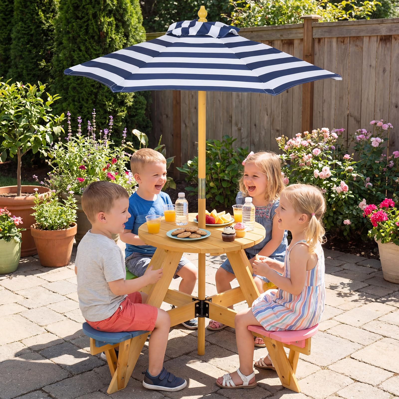 Kids Picnic Table with Stools and Foldable Adjustable Umbrella for Backyard and Patio - Image 4