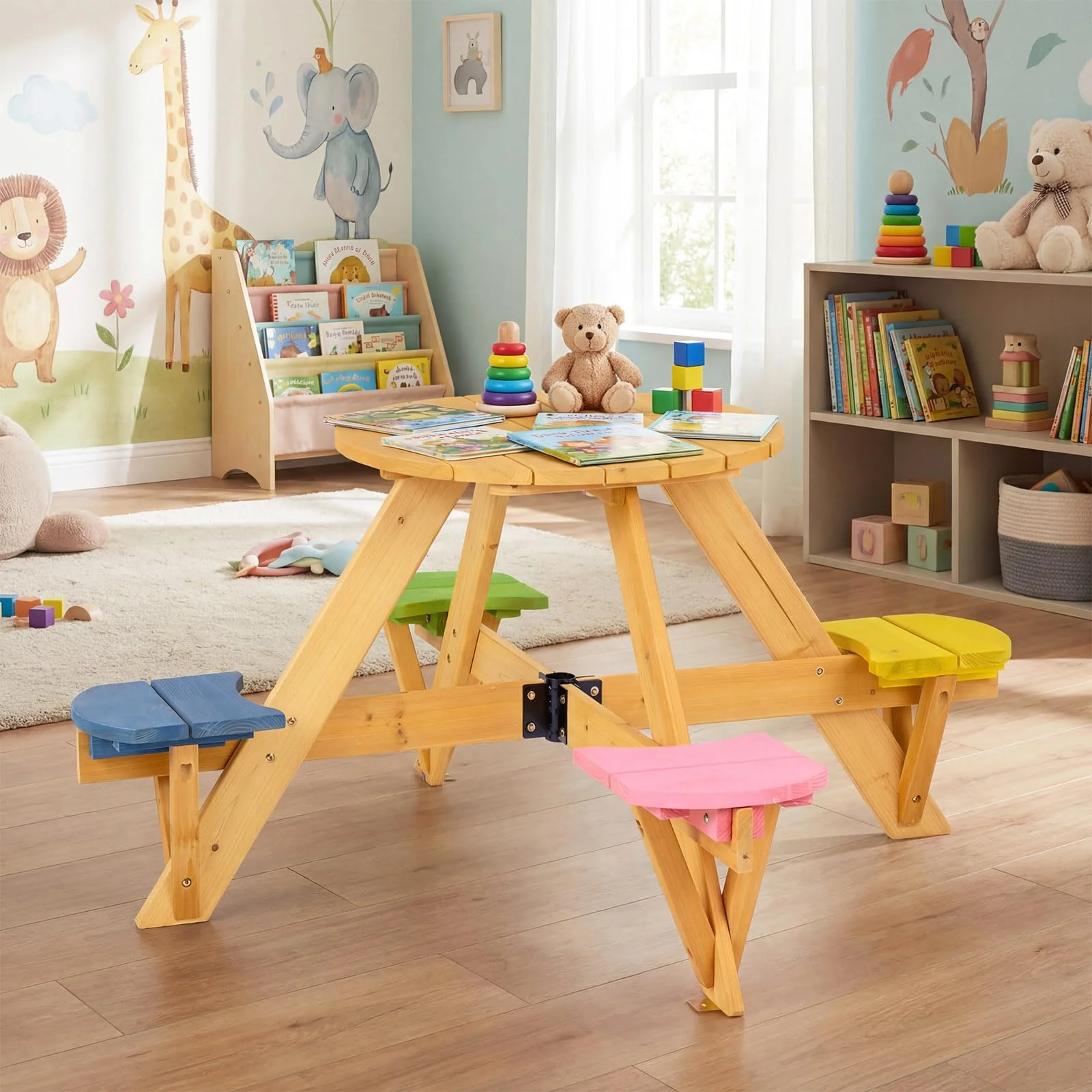 Kids Picnic Table with Stools and Foldable Adjustable Umbrella for Backyard and Patio - Image 5