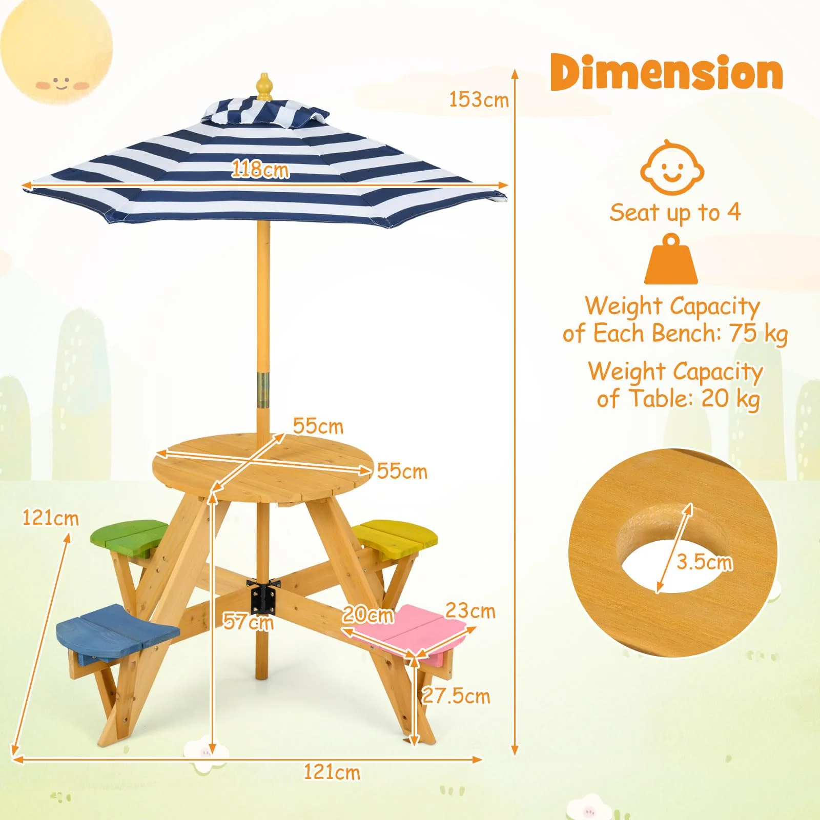 Kids Picnic Table with Stools and Foldable Adjustable Umbrella for Backyard and Patio - Image 6
