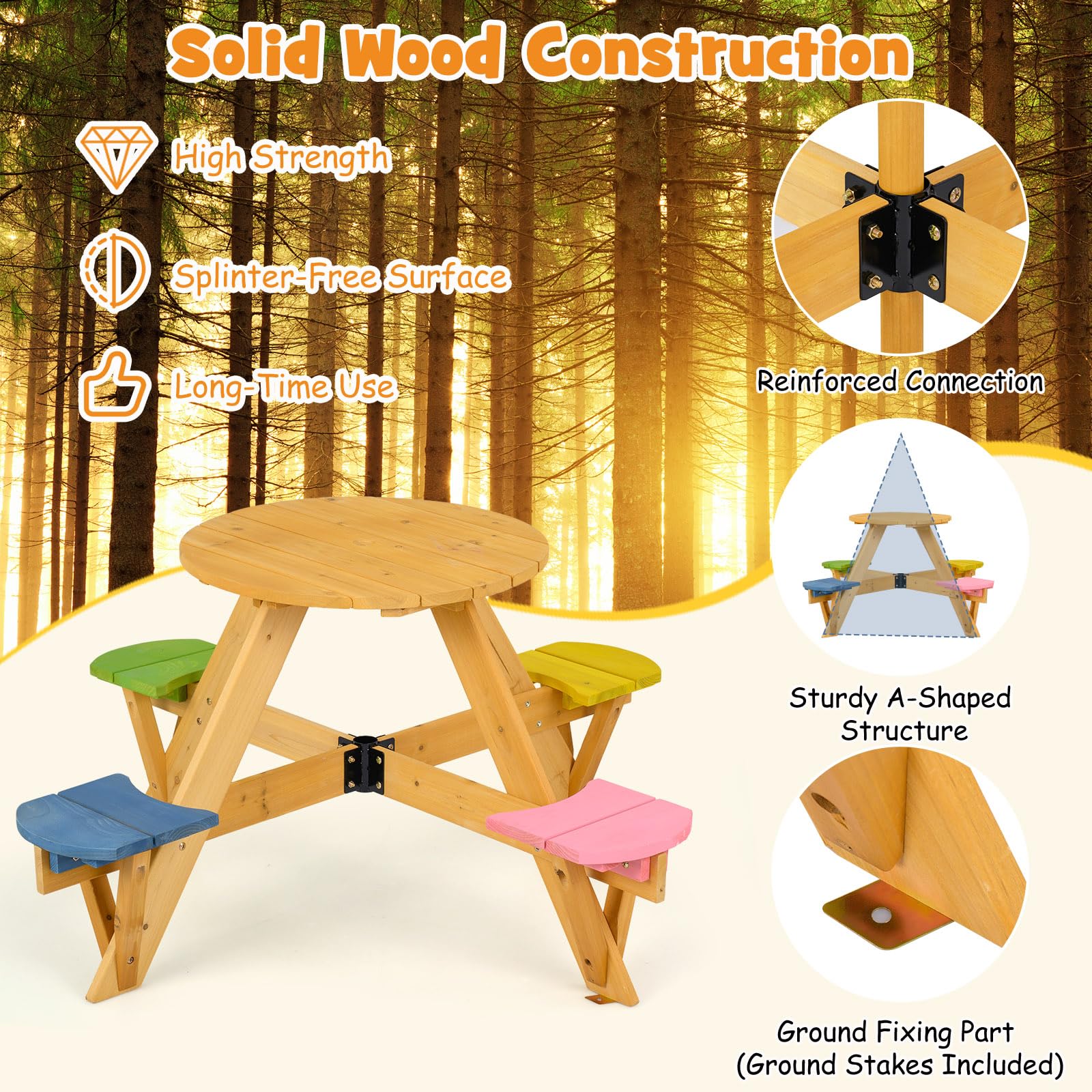 Kids Picnic Table with Stools and Foldable Adjustable Umbrella for Backyard and Patio - Image 7
