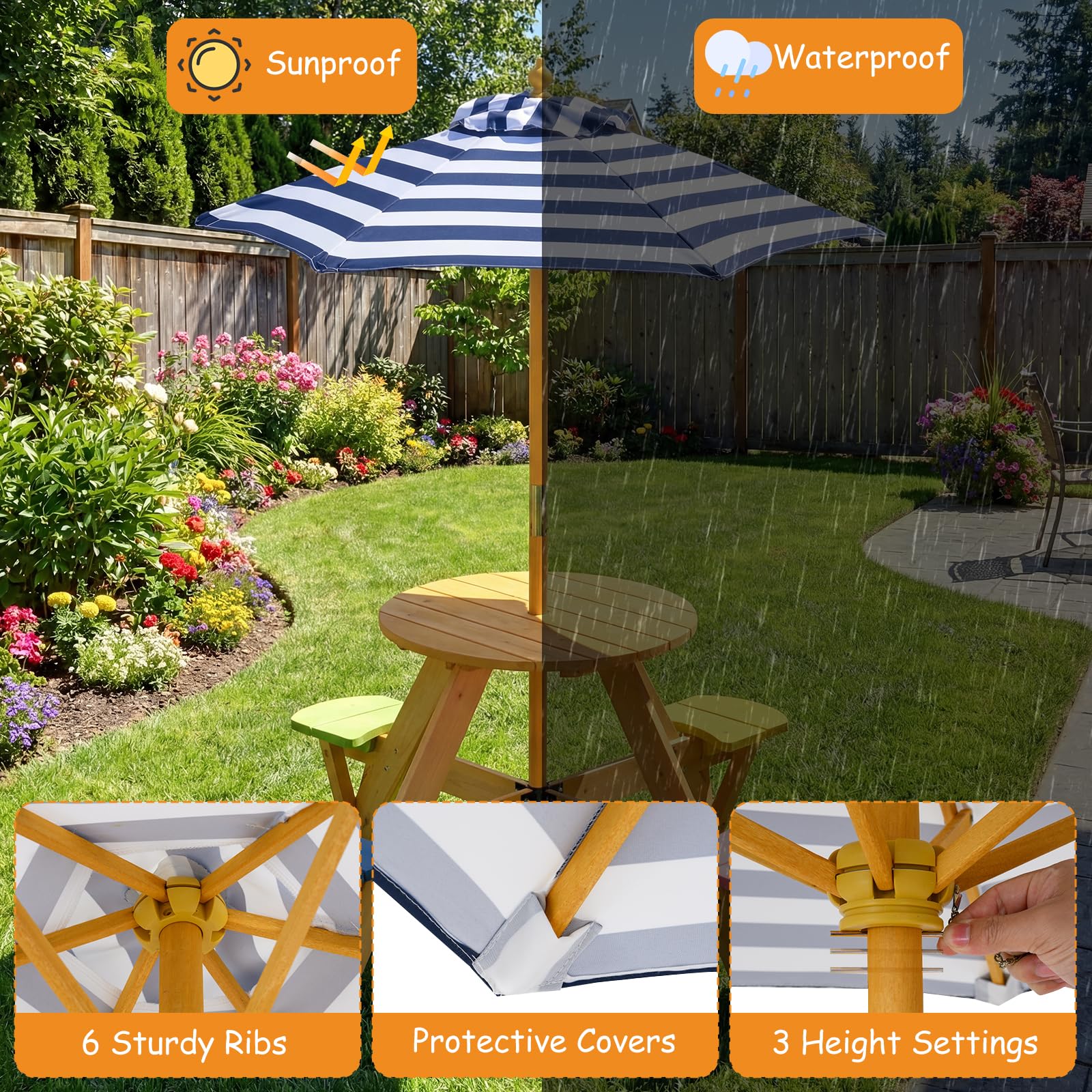 Kids Picnic Table with Stools and Foldable Adjustable Umbrella for Backyard and Patio - Image 8