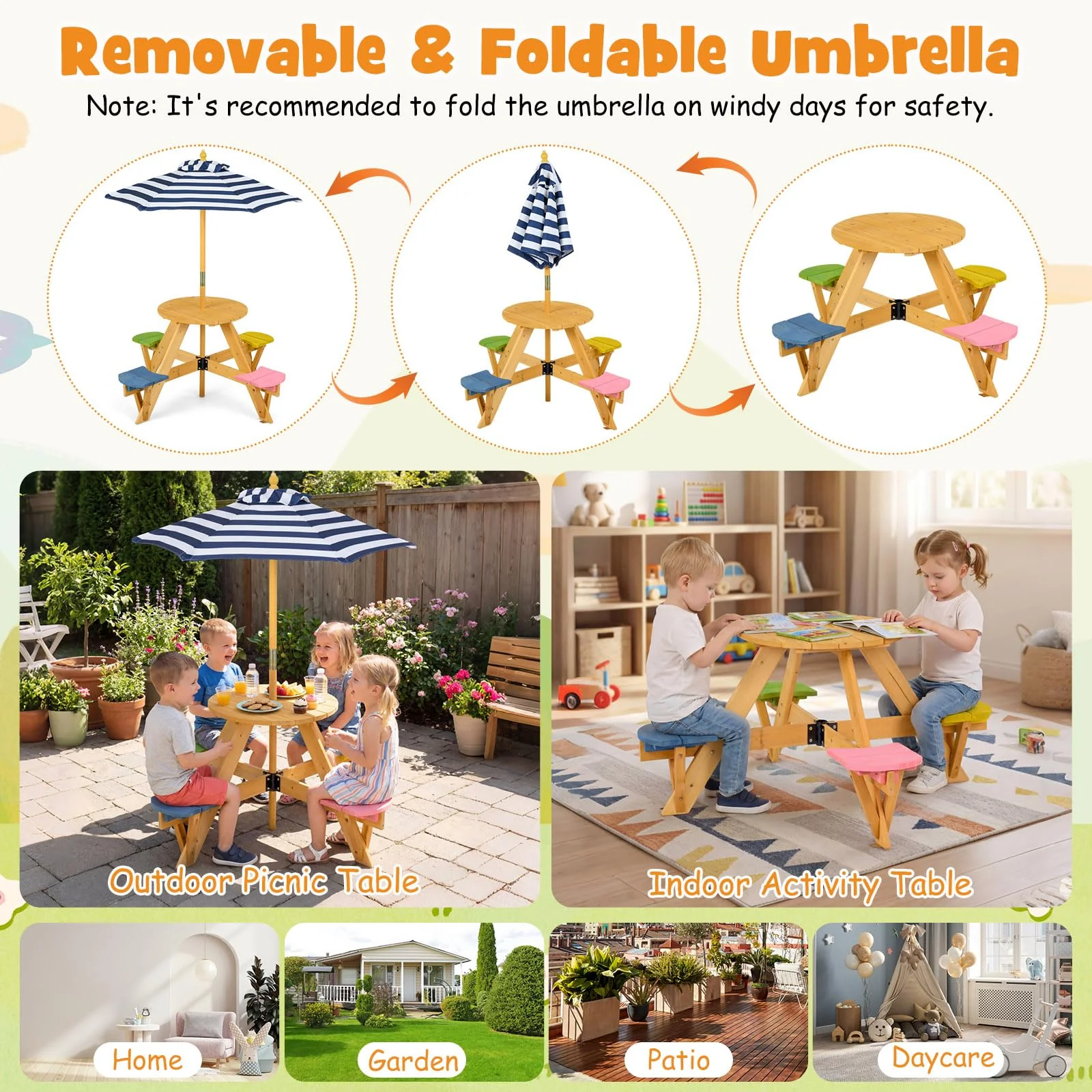 Kids Picnic Table with Stools and Foldable Adjustable Umbrella for Backyard and Patio - Image 9