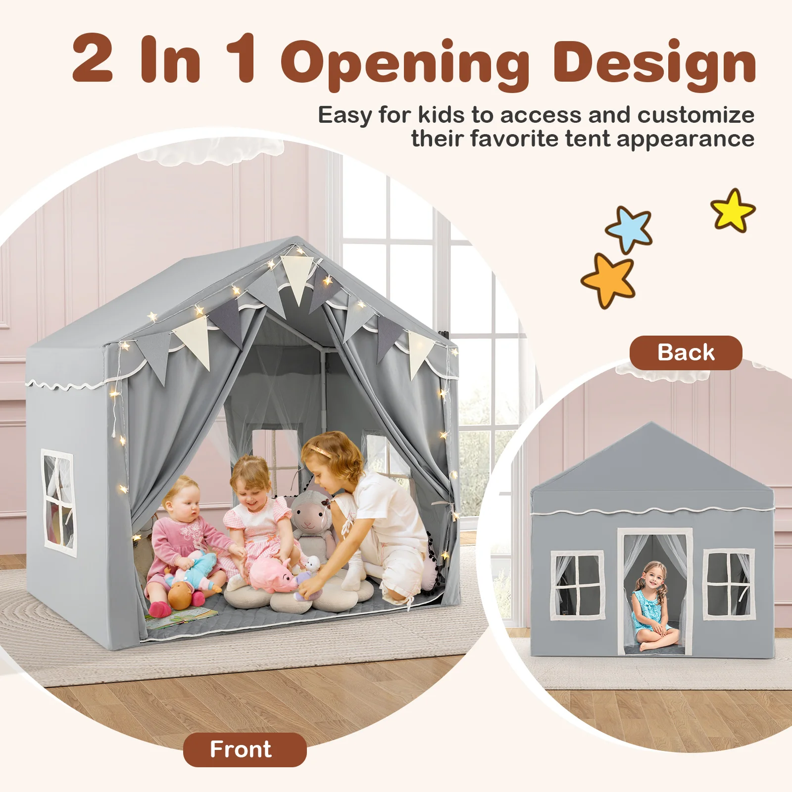 Kids Play Tent, 3-4 Kids Large Play Tent House w/2 Opening Doors, Star Lights & Plaid Pennants - Image 3