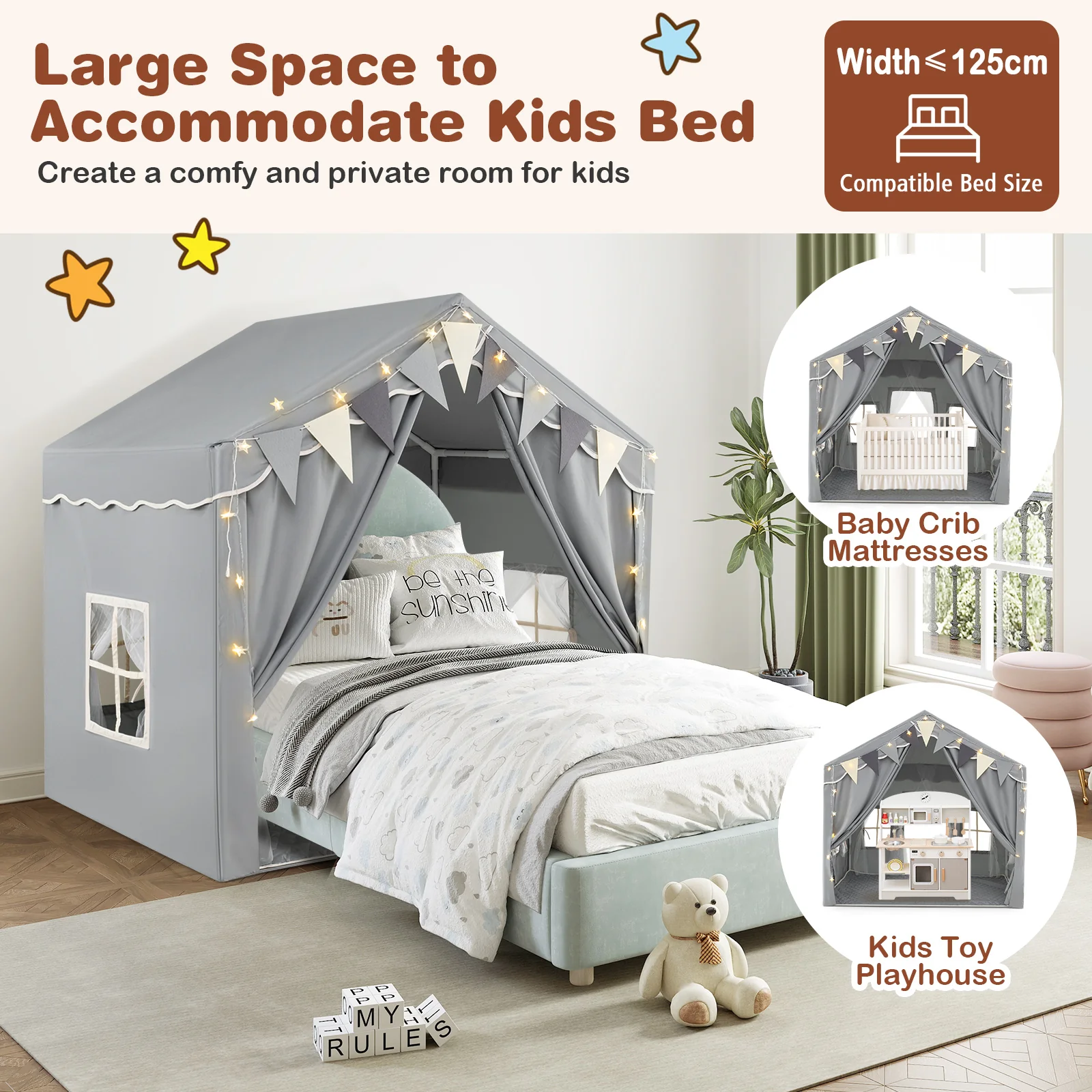Kids Play Tent, 3-4 Kids Large Play Tent House w/2 Opening Doors, Star Lights & Plaid Pennants - Image 4