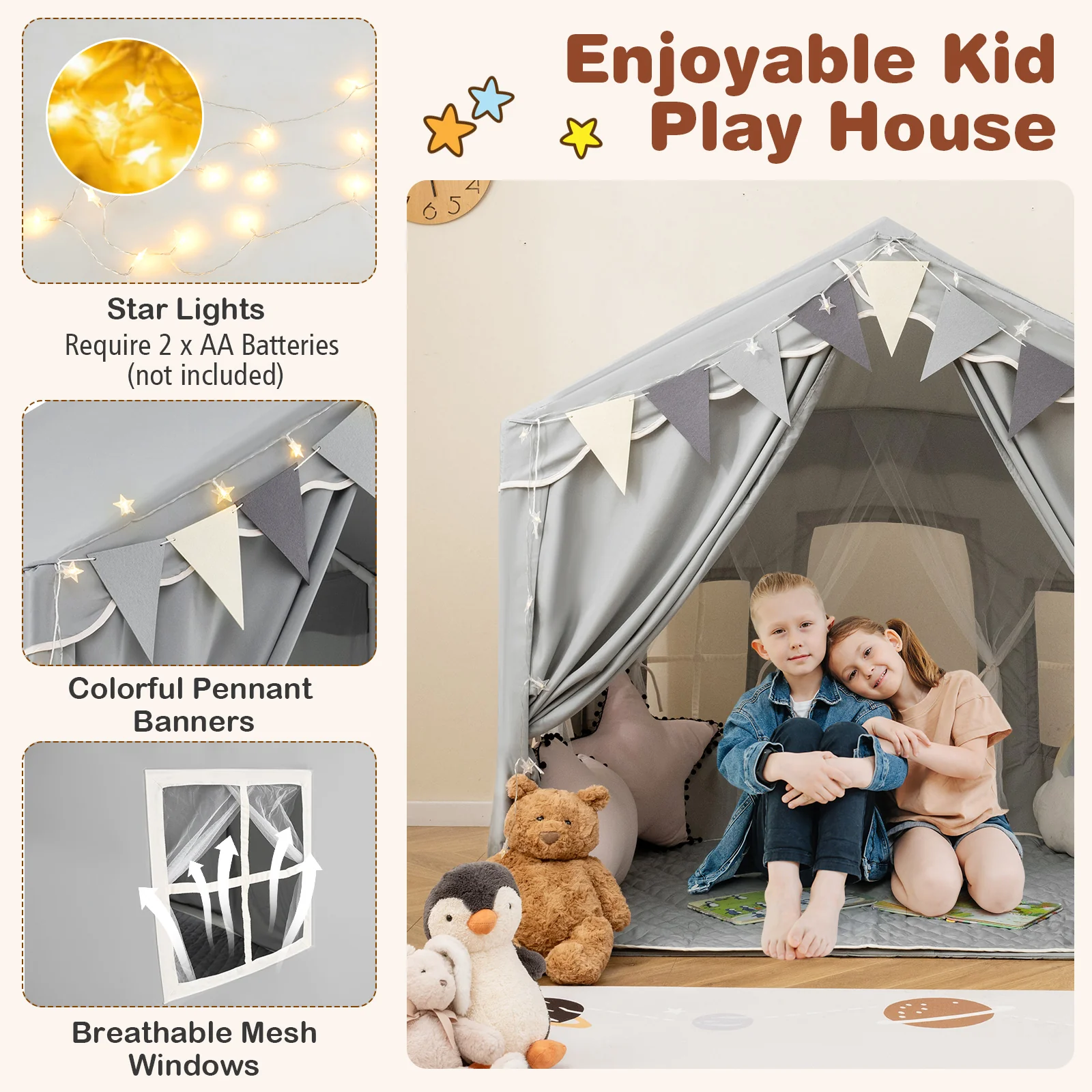 Kids Play Tent, 3-4 Kids Large Play Tent House w/2 Opening Doors, Star Lights & Plaid Pennants - Image 5