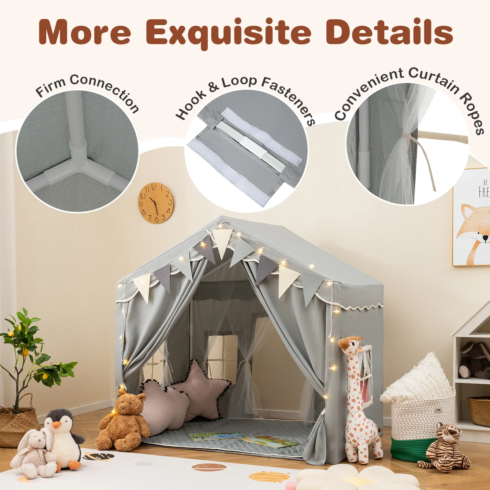 Kids Play Tent, 3-4 Kids Large Play Tent House w/2 Opening Doors, Star Lights & Plaid Pennants - Image 7