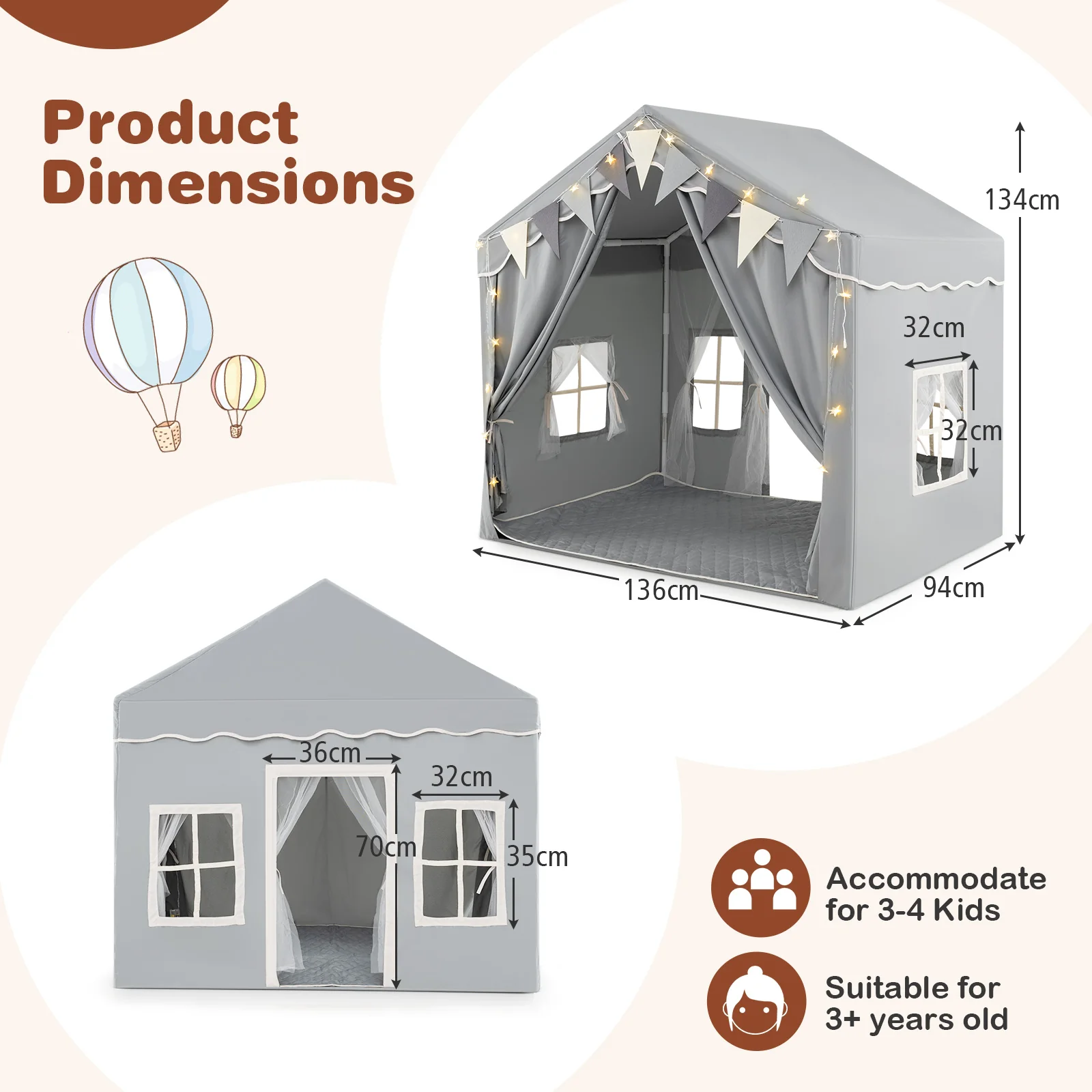 Kids Play Tent, 3-4 Kids Large Play Tent House w/2 Opening Doors, Star Lights & Plaid Pennants - Image 9