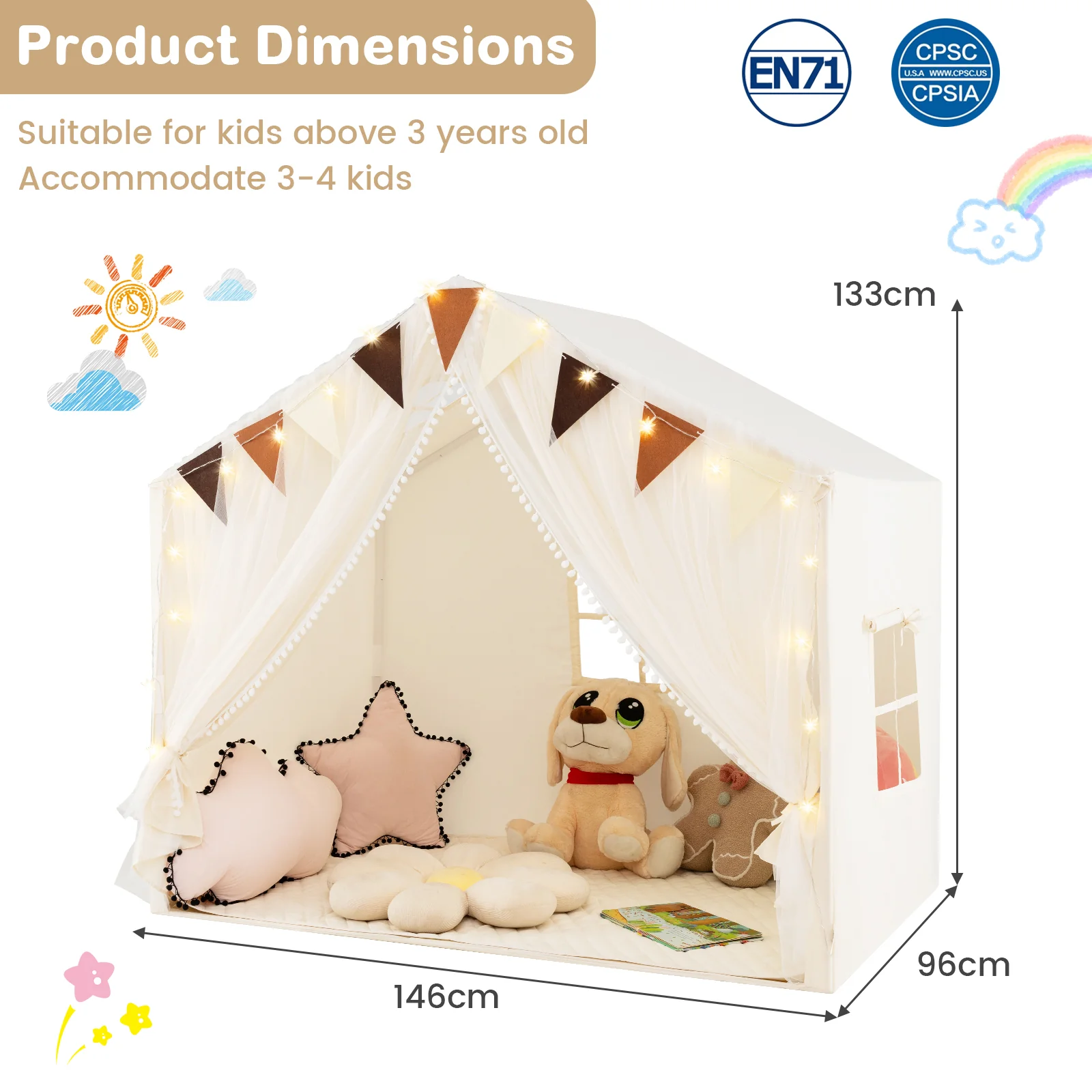 Kids Play Tent, 3-4 Kids Large Play Tent House w/Fabric & Screen Curtains, Star Lights, Plaid Pennants - Image 10