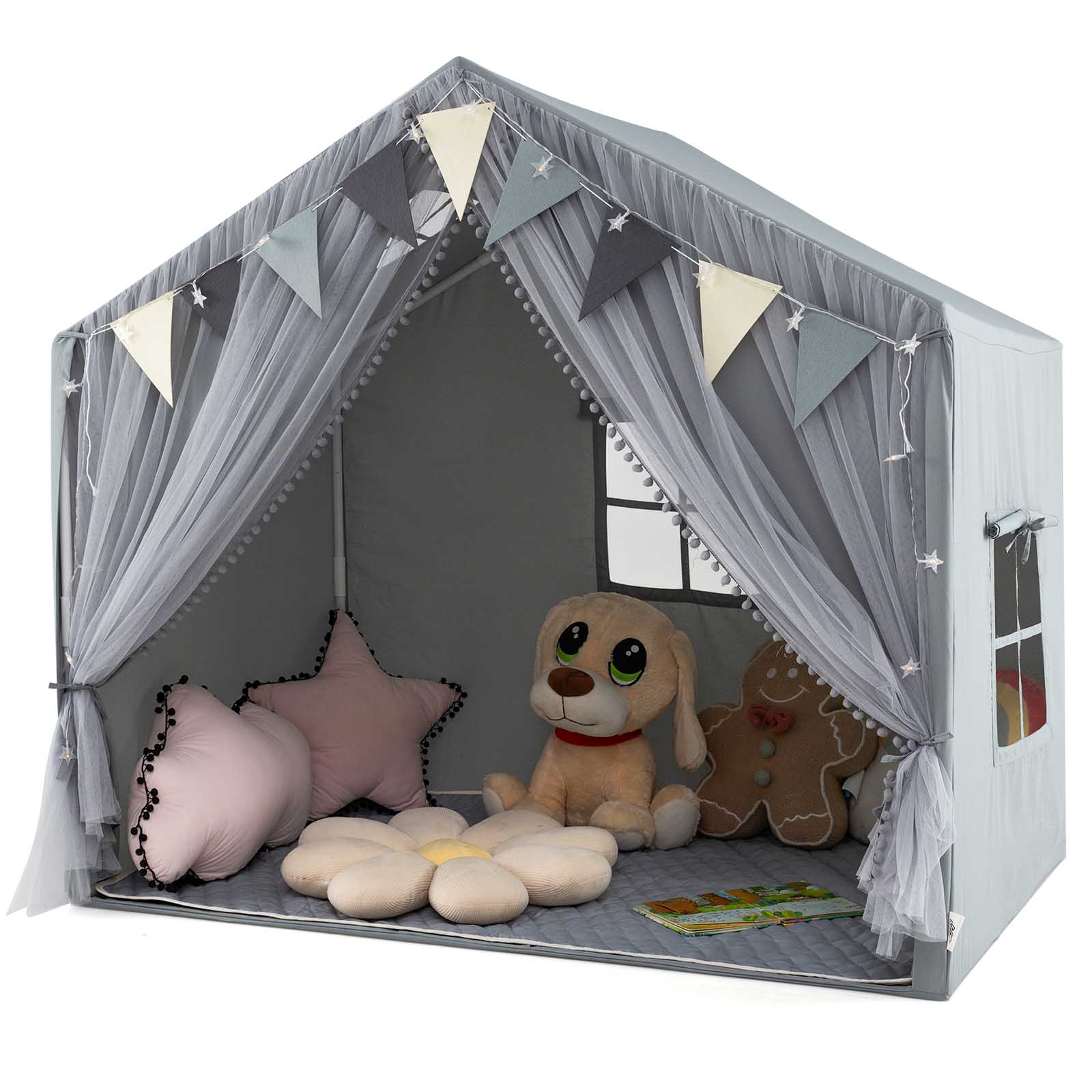 Kids Play Tent, 3-4 Kids Large Play Tent House w/Fabric & Screen Curtains, Star Lights, Plaid Pennants - Image 11