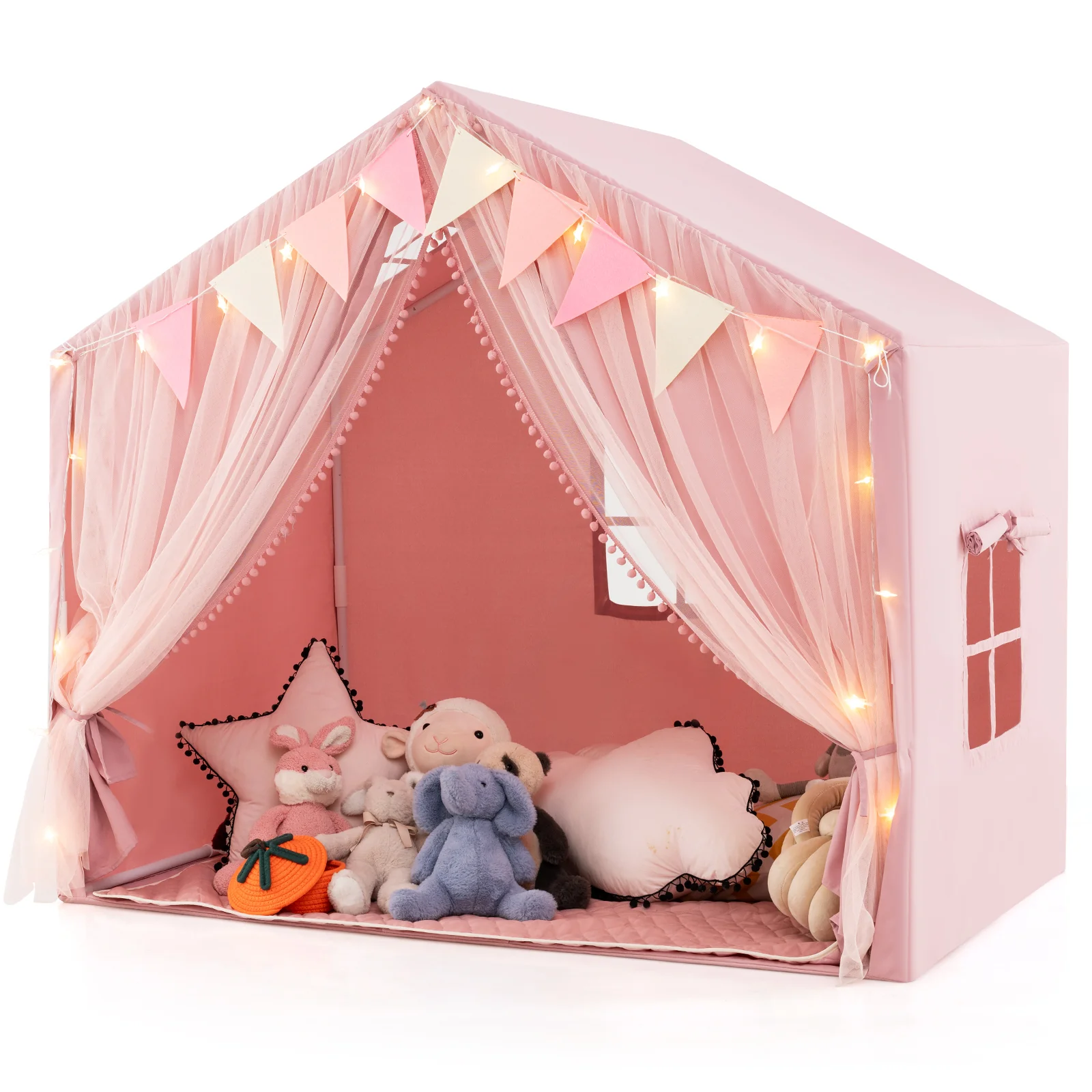 Kids Play Tent, 3-4 Kids Large Play Tent House w/Fabric & Screen Curtains, Star Lights, Plaid Pennants - Image 12