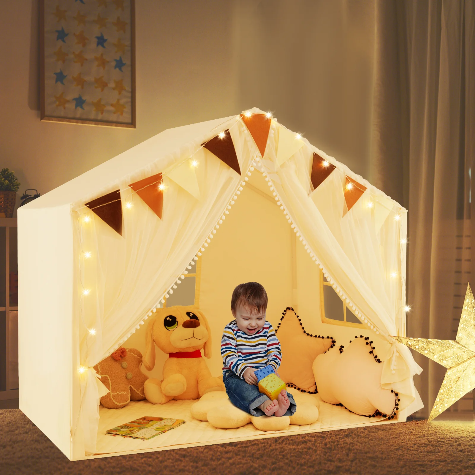 Kids Play Tent, 3-4 Kids Large Play Tent House w/Fabric & Screen Curtains, Star Lights, Plaid Pennants - Image 3