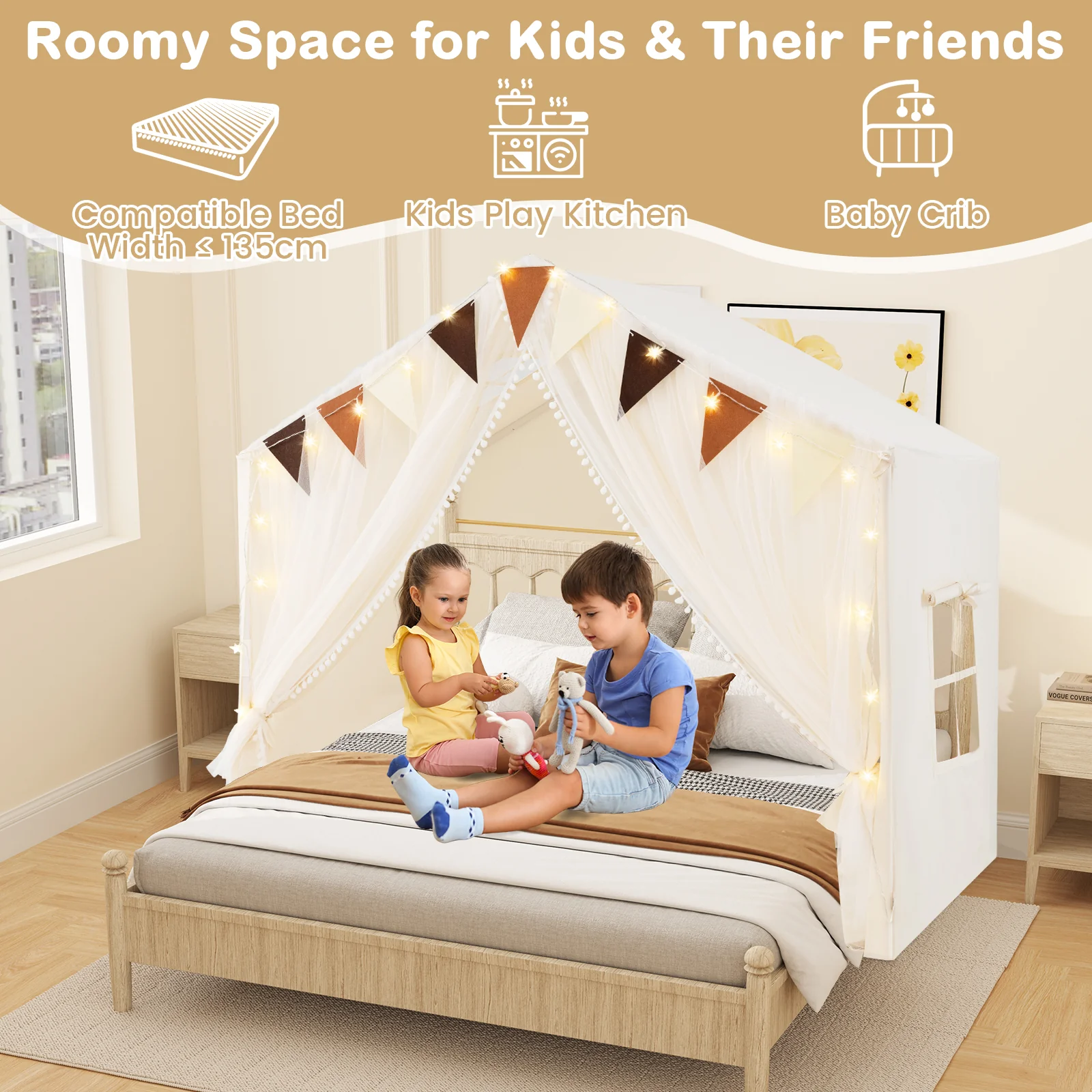 Kids Play Tent, 3-4 Kids Large Play Tent House w/Fabric & Screen Curtains, Star Lights, Plaid Pennants - Image 4