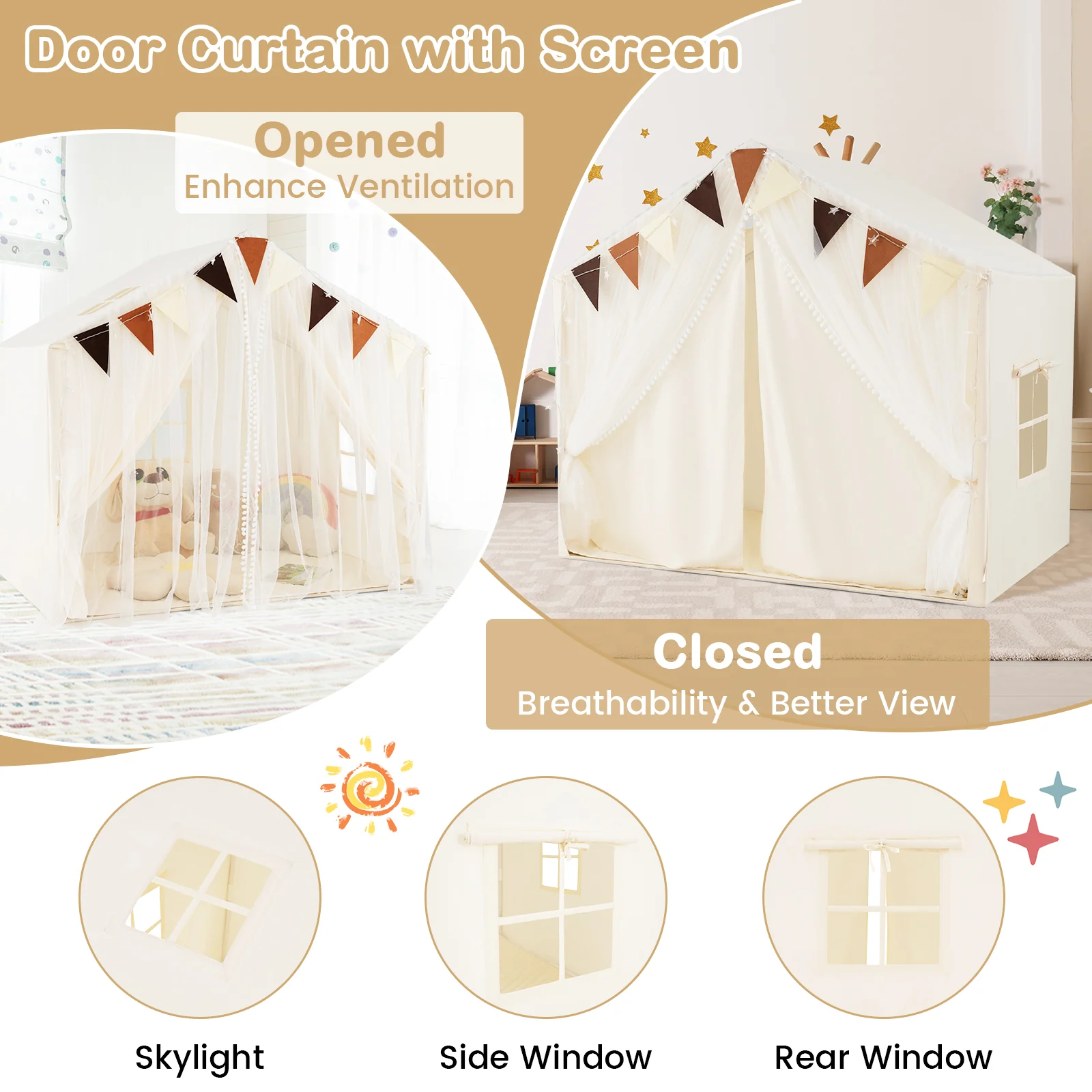 Kids Play Tent, 3-4 Kids Large Play Tent House w/Fabric & Screen Curtains, Star Lights, Plaid Pennants - Image 5