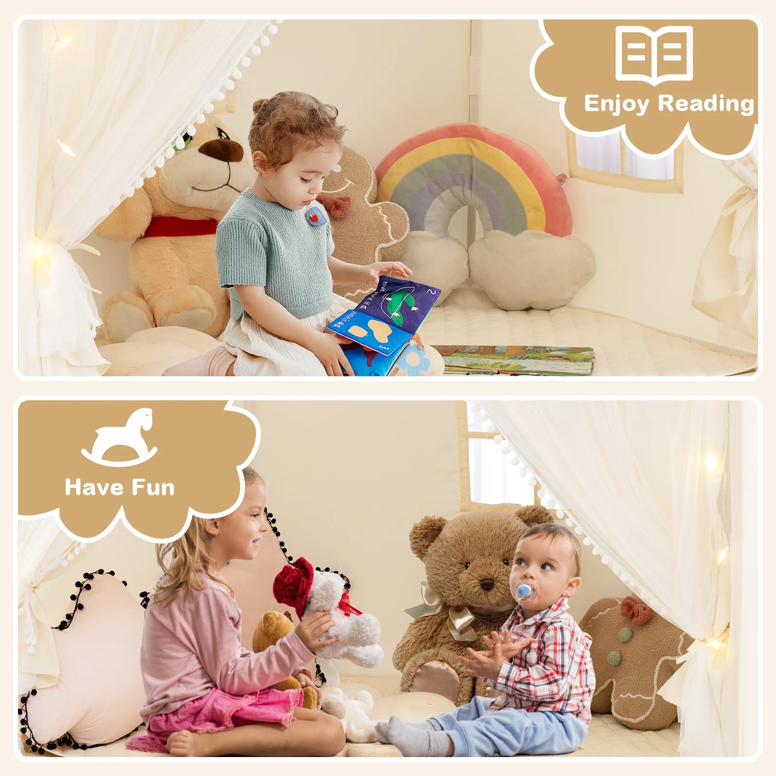 Kids Play Tent, 3-4 Kids Large Play Tent House w/Fabric & Screen Curtains, Star Lights, Plaid Pennants - Image 8