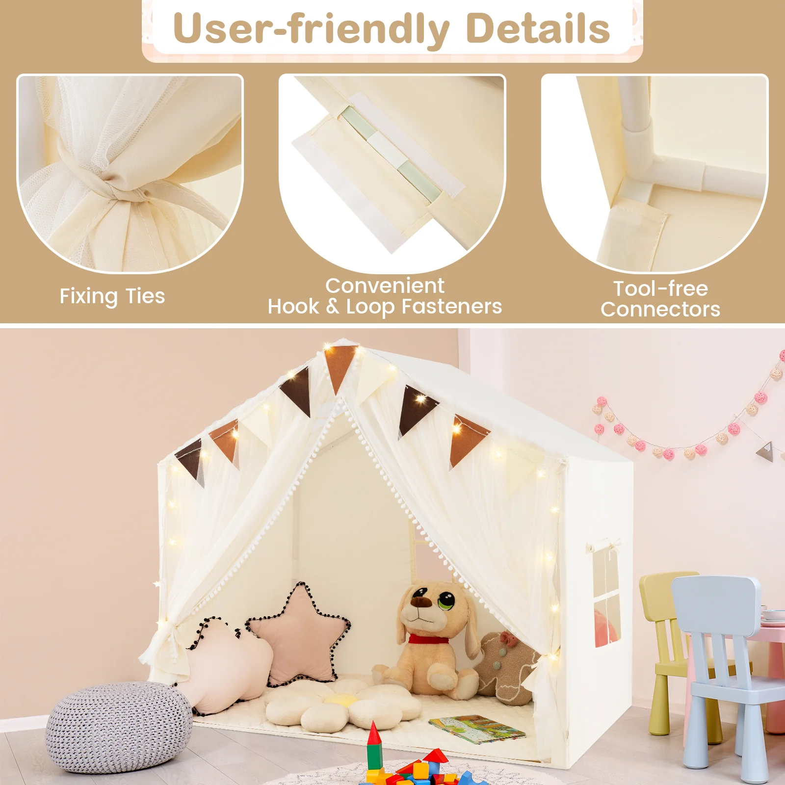 Kids Play Tent, 3-4 Kids Large Play Tent House w/Fabric & Screen Curtains, Star Lights, Plaid Pennants - Image 9