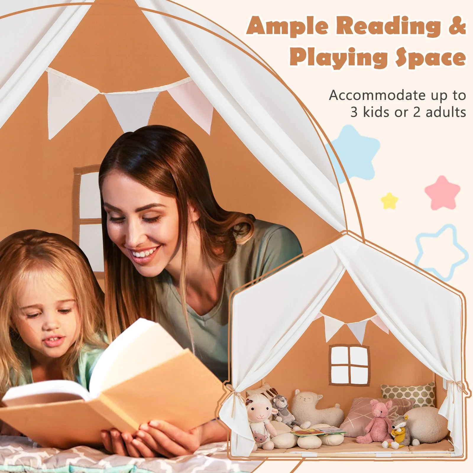 Kid's Play Tent with Washable Cotton Mat and Flag Banner for Kids Aged 3+ - Image 7