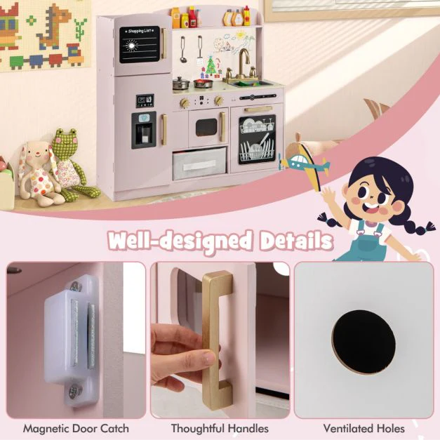 Kids Pretend Play Kitchen Set with Fabric Drawer and Doodle Boards - Image 4