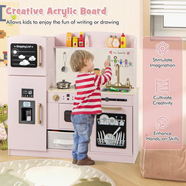 Kids Pretend Play Kitchen Set with Fabric Drawer and Doodle Boards - Image 5