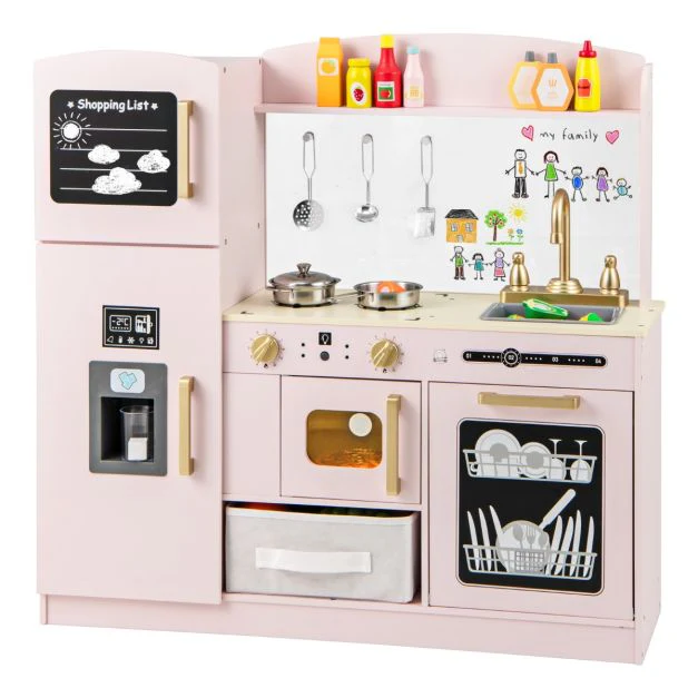 Kids Pretend Play Kitchen Set with Fabric Drawer and Doodle Boards - Image 9