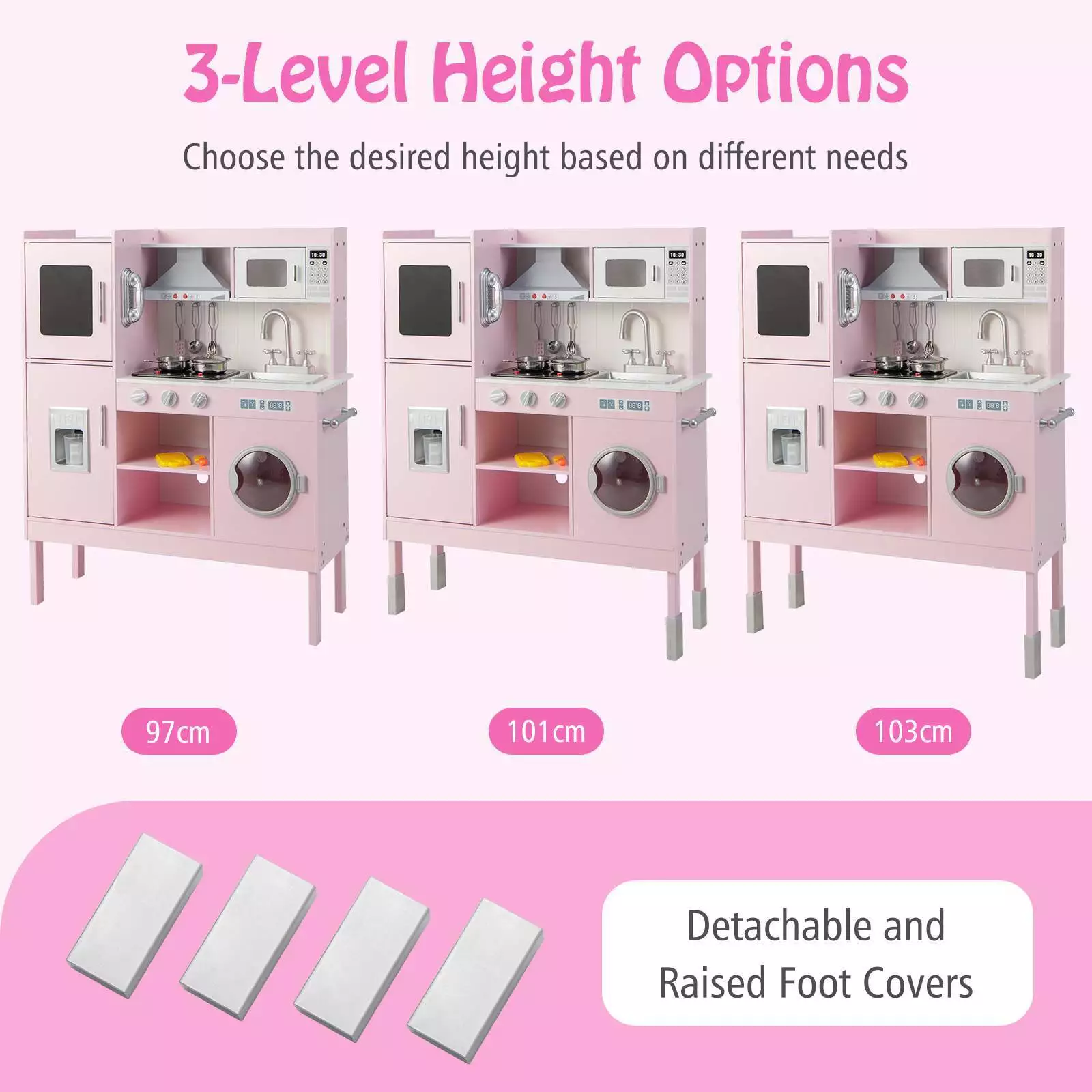 Kids Pretend Play Kitchen Wooden Kitchen Toy Playset w/Real Sounds & Lights Pink - Image 10