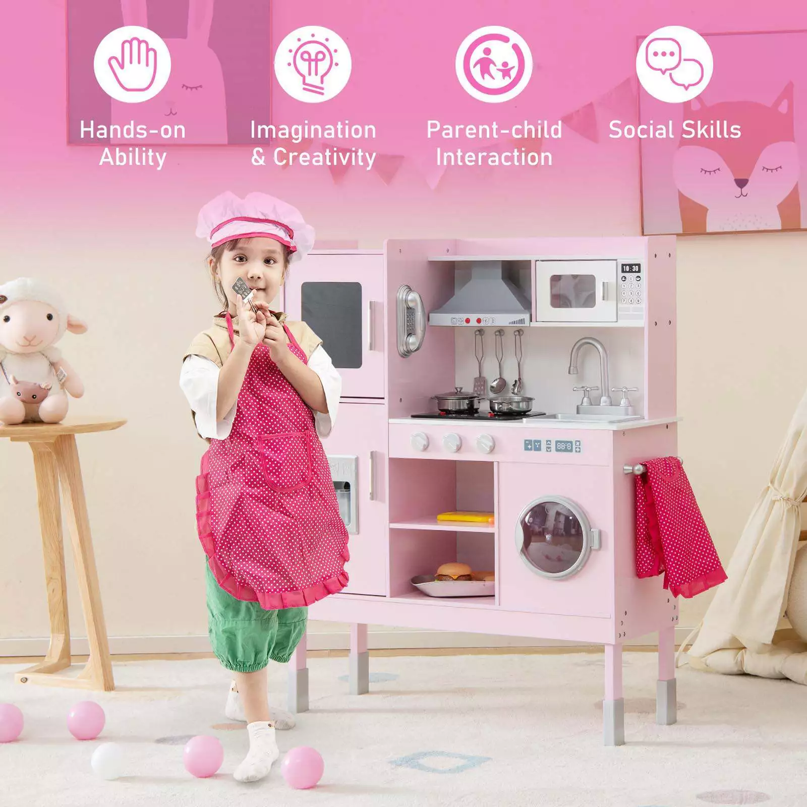 Kids Pretend Play Kitchen Wooden Kitchen Toy Playset w/Real Sounds & Lights Pink - Image 2