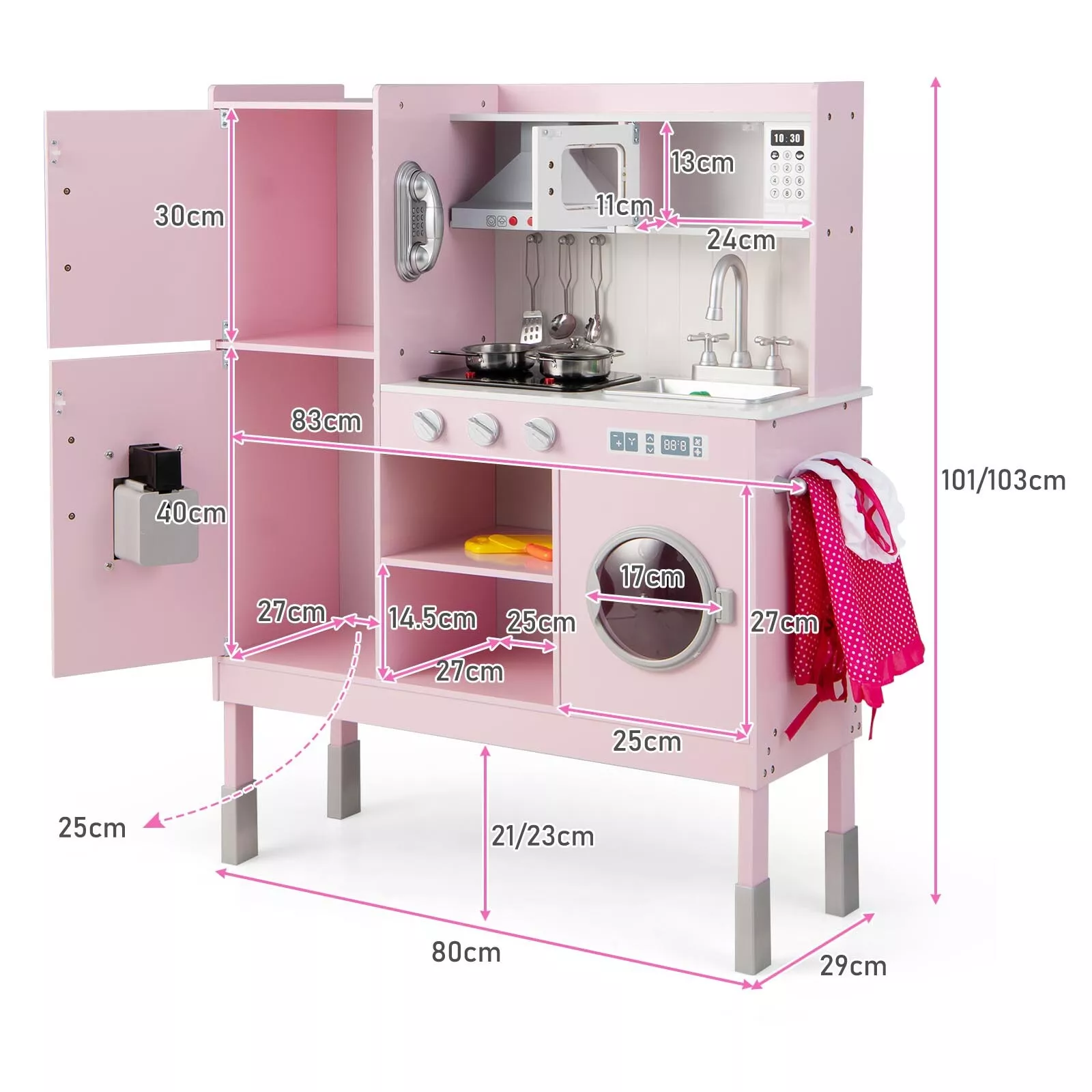 Kids Pretend Play Kitchen Wooden Kitchen Toy Playset w/Real Sounds & Lights Pink - Image 3